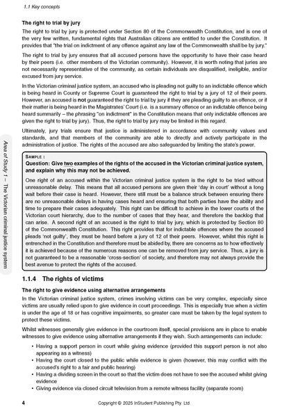 VCE Legal Studies Course Notes by ATAR Notes, displaying a page about trial by jury and victims' rights, with a sample question and sidebar.