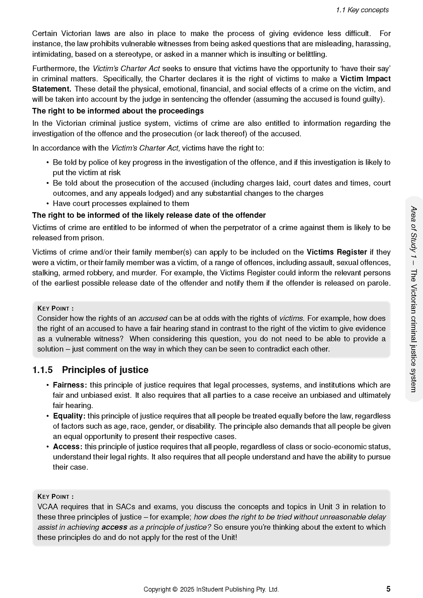 Legal studies course notes by ATAR Notes, displaying a page with "Key concepts" and "Principles of justice" text.
