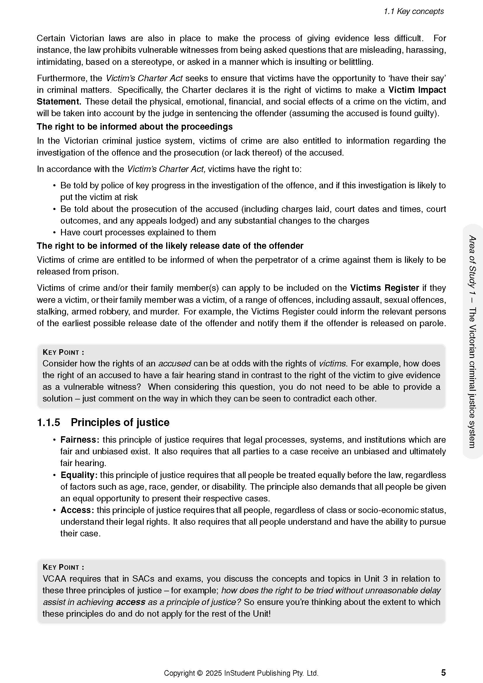 Legal studies course notes by ATAR Notes, displaying a page with "Key concepts" and "Principles of justice" text.