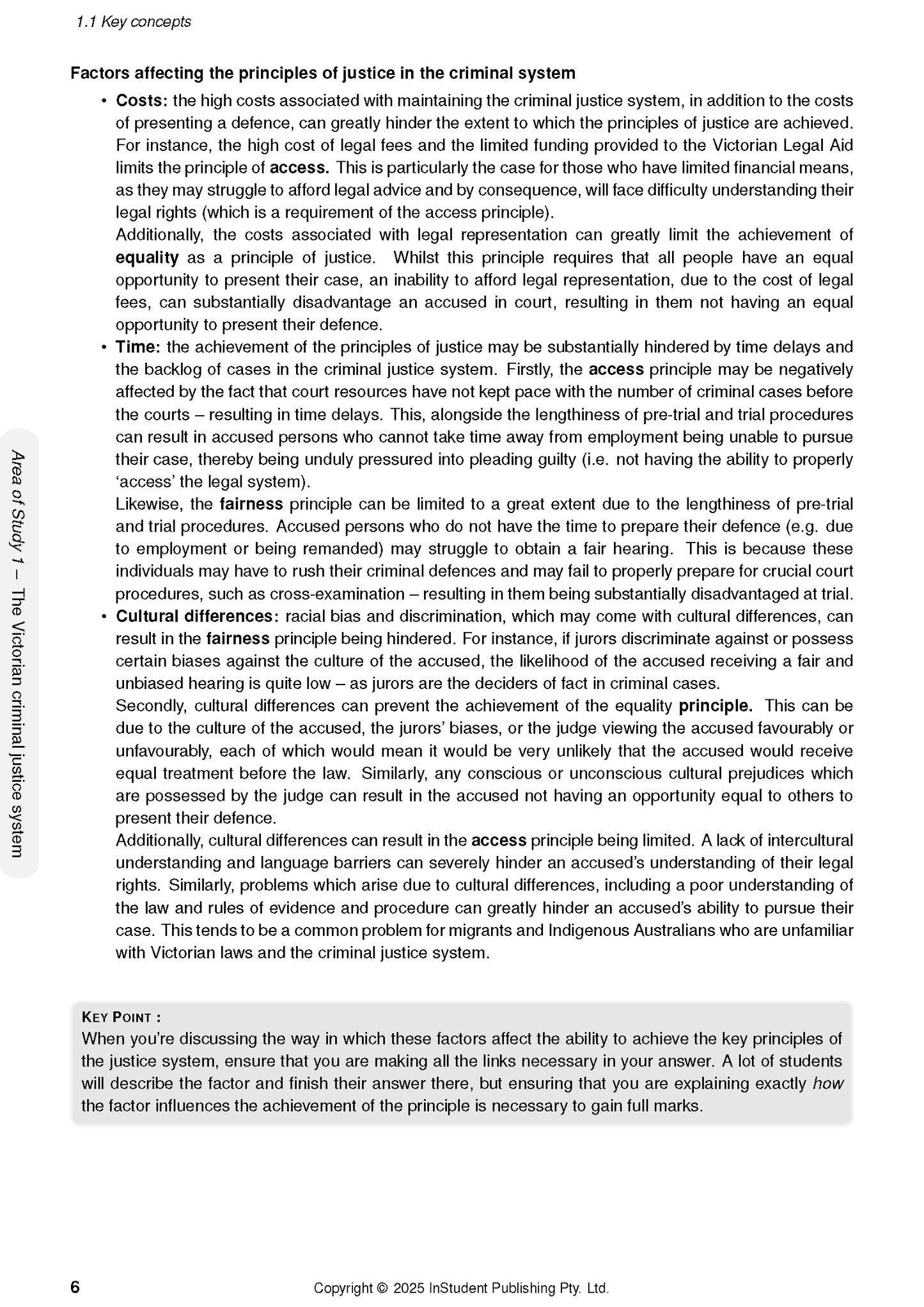 Course notes by ATAR Notes, a white page displaying legal studies content on justice principles with bullet points and a Key Point box.