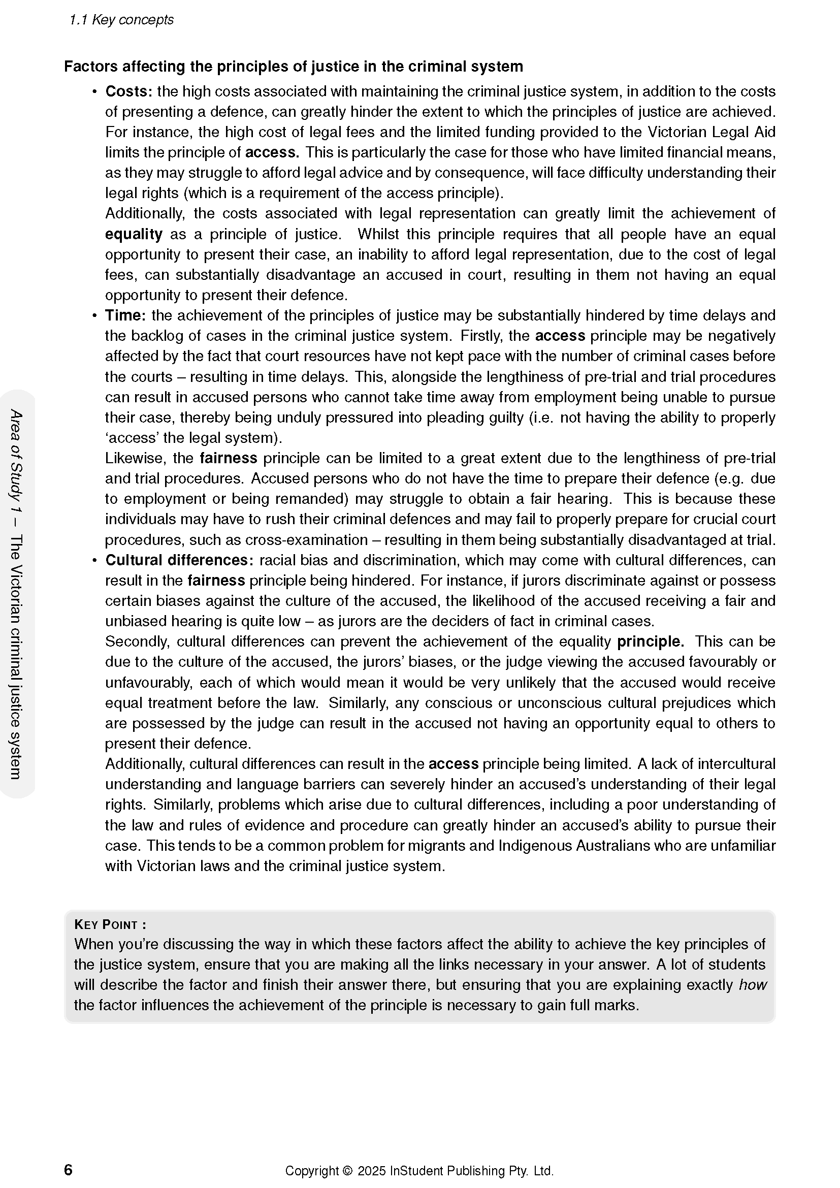 Course notes by ATAR Notes, a white page displaying legal studies content on justice principles with bullet points and a Key Point box.
