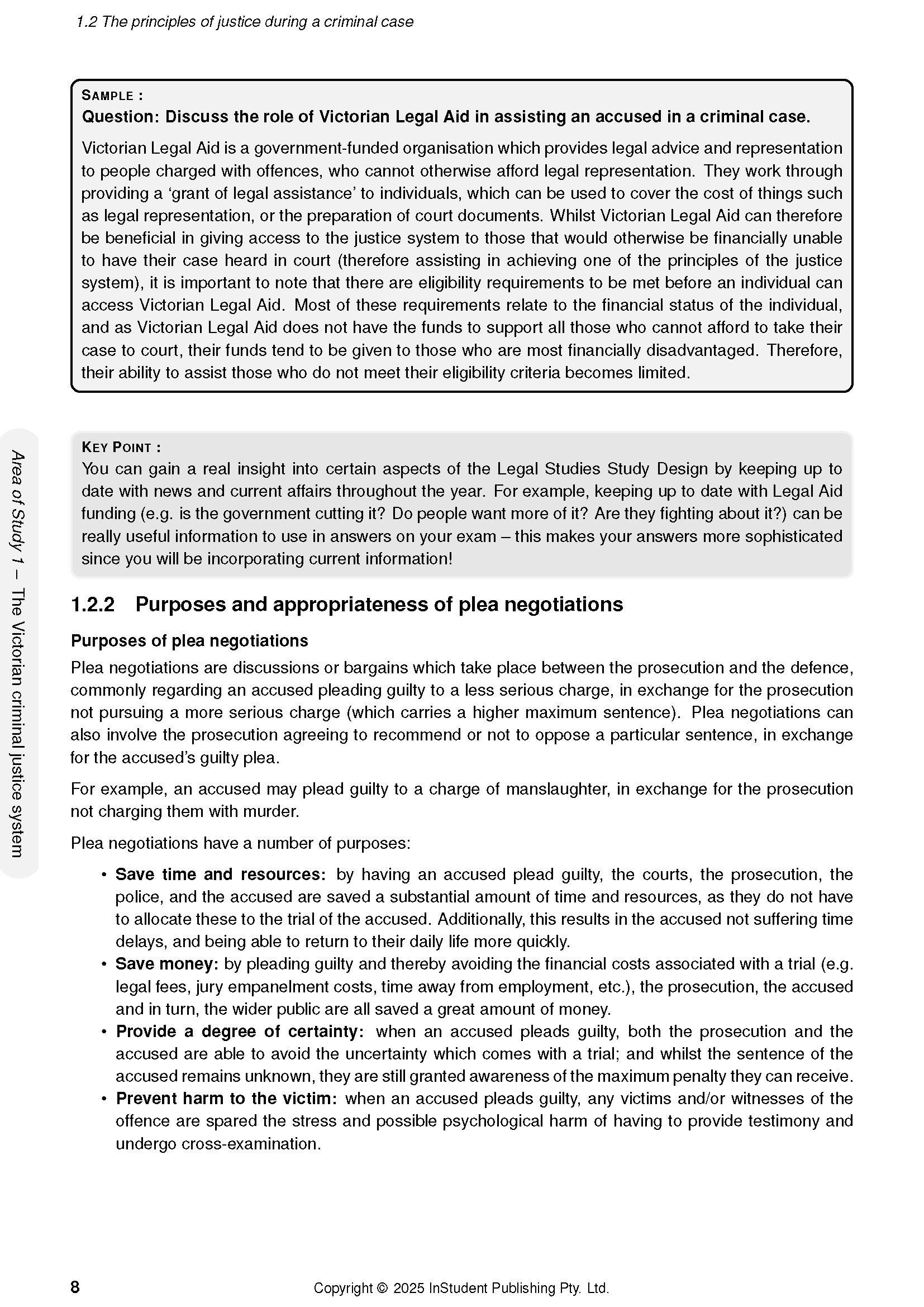 Printed course notes by ATAR Notes, a page detailing criminal justice principles and plea negotiations.