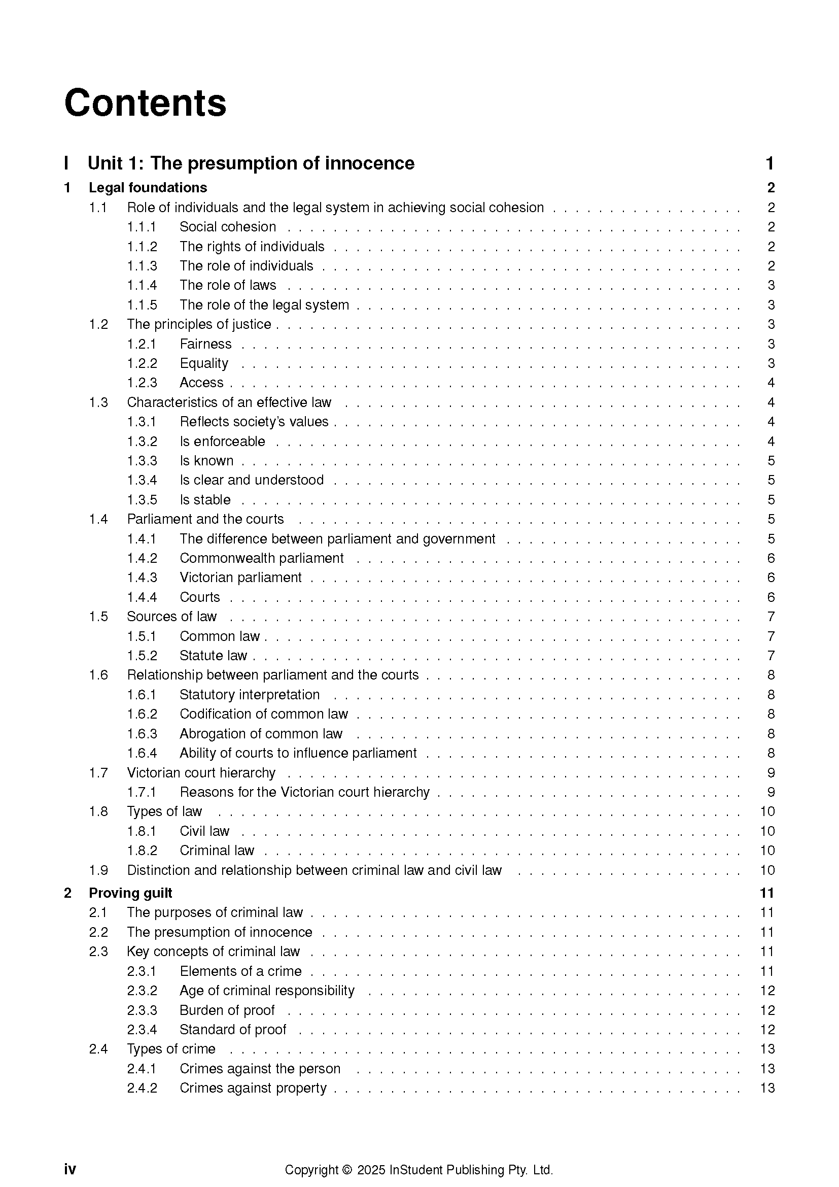 Legal Studies Course Notes by ATAR Notes, displaying a detailed table of contents page.