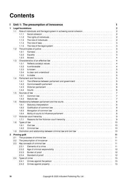 Legal Studies Course Notes by ATAR Notes, displaying a detailed table of contents page.