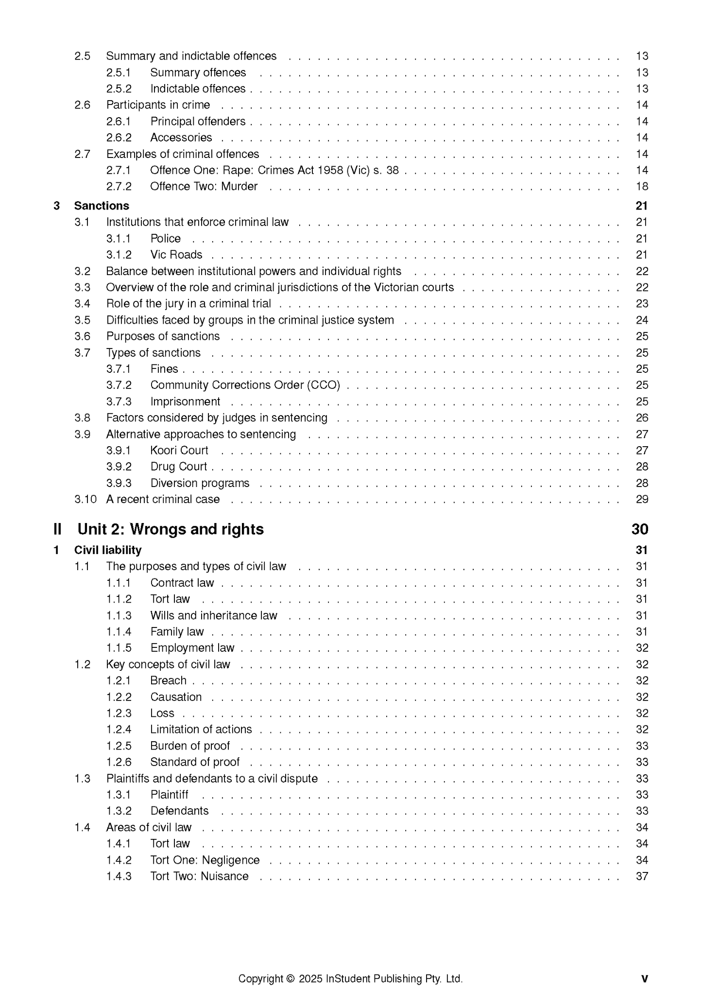 Legal Studies course notes by ATAR Notes, showing the table of contents page with topic headings and page numbers.