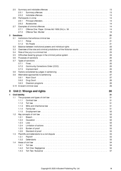 Legal Studies course notes by ATAR Notes, showing the table of contents page with topic headings and page numbers.