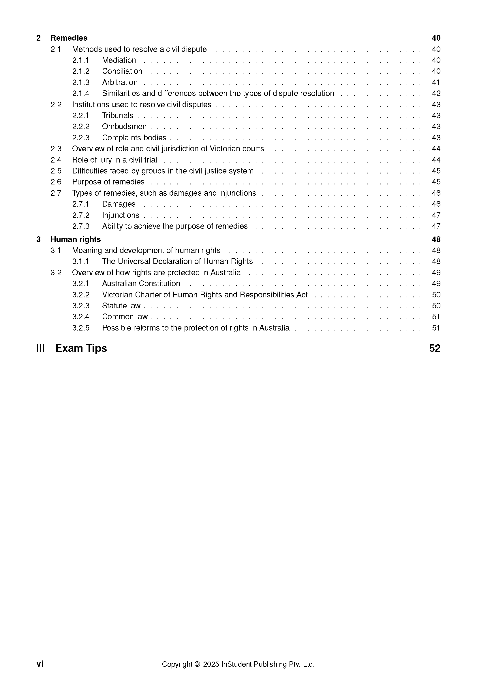 Course Notes displaying a detailed table of contents page by ATAR Notes for legal studies, with topic headings and page numbers.