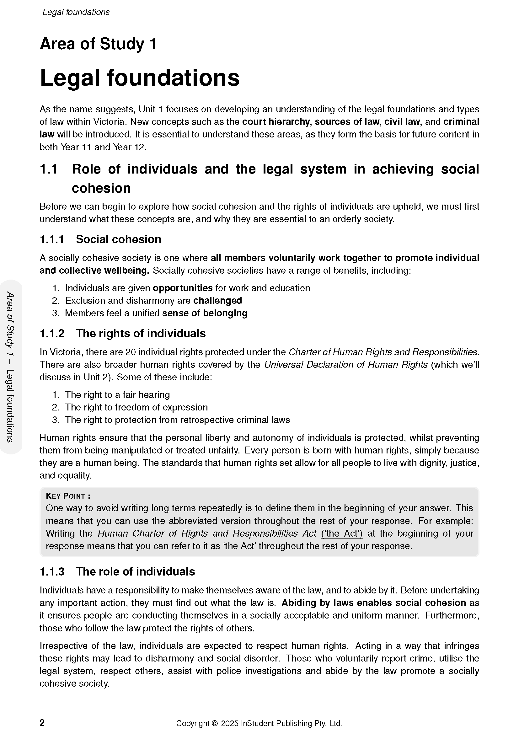 VCE Legal Studies Course Notes by ATAR Notes, featuring content on 'Legal foundations' with headings and a 'KEY POINT' box.