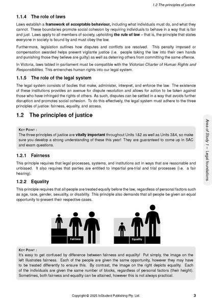 Course notes by ATAR Notes, displaying legal principles with text, key points, and diagrams of fairness and equality.