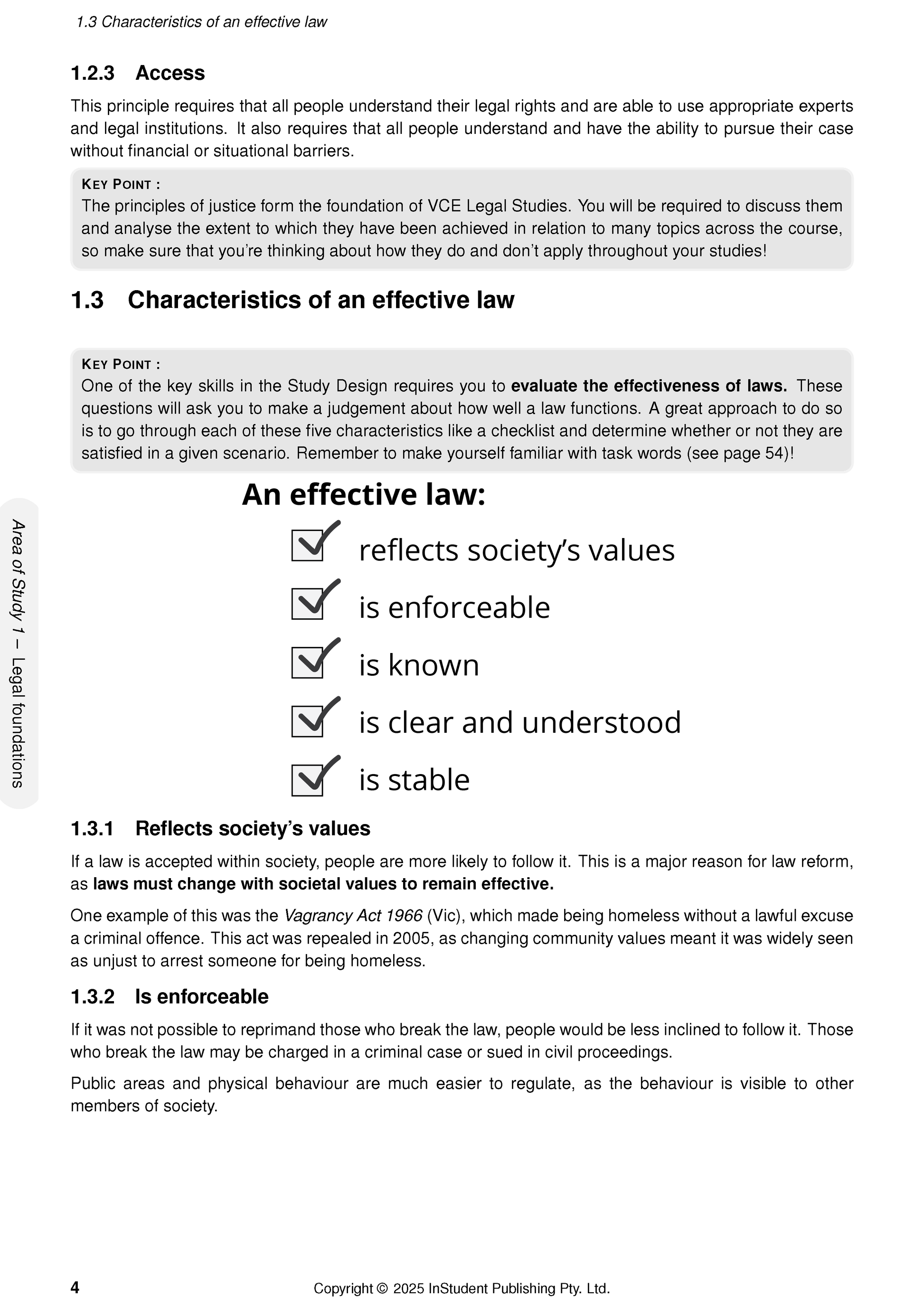 Course Notes by ATAR Notes, a page displaying legal study content about effective law characteristics with checkmarks.