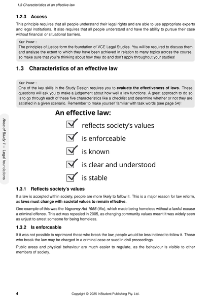 Course Notes by ATAR Notes, a page displaying legal study content about effective law characteristics with checkmarks.