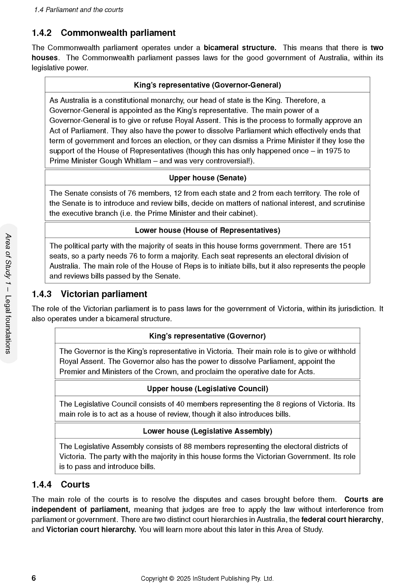 Complete Course Notes for VCE Legal Studies 1&2 by ATAR Notes, featuring detailed text and tables on parliament and courts.