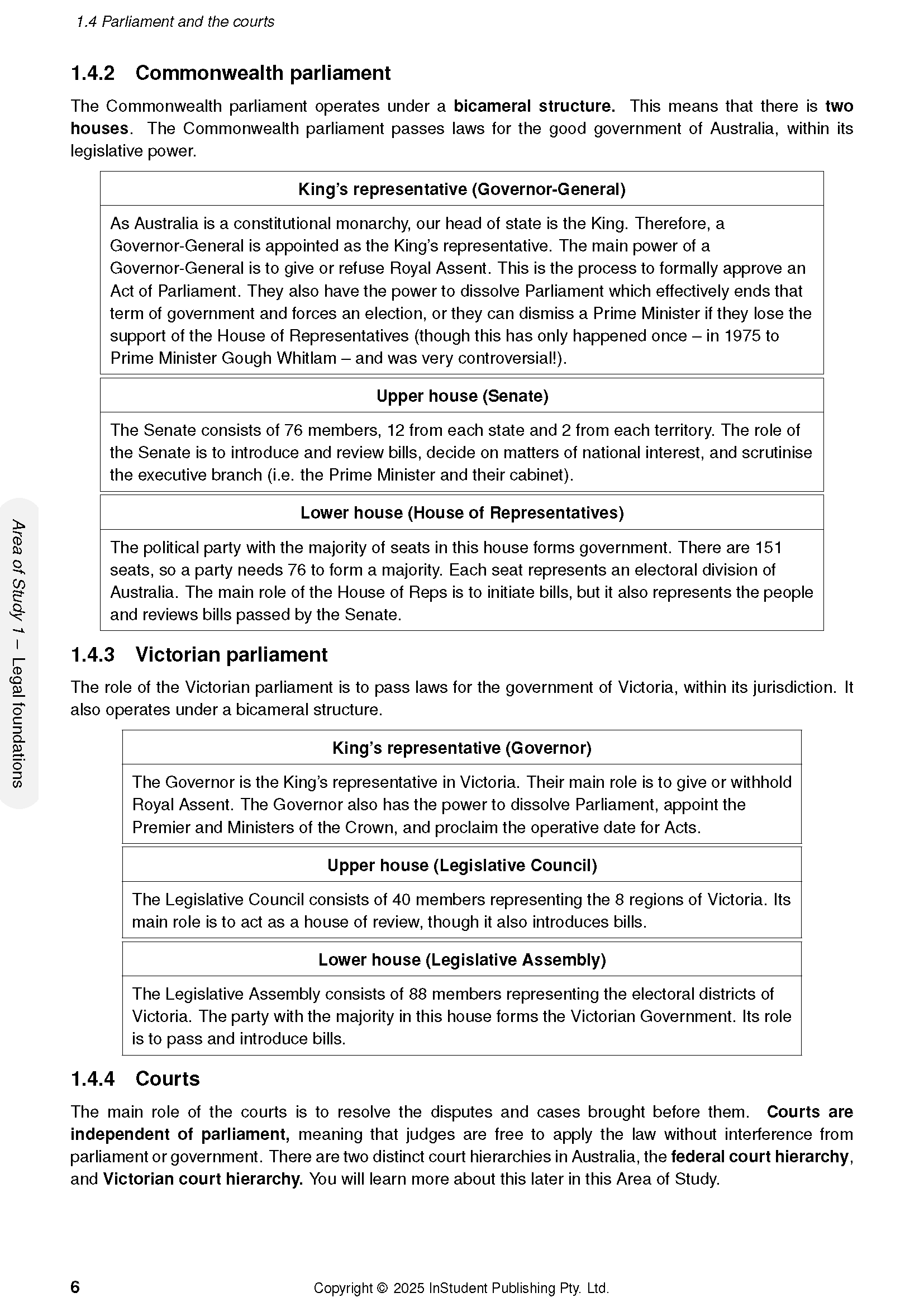 Complete Course Notes for VCE Legal Studies 1&2 by ATAR Notes, featuring detailed text and tables on parliament and courts.