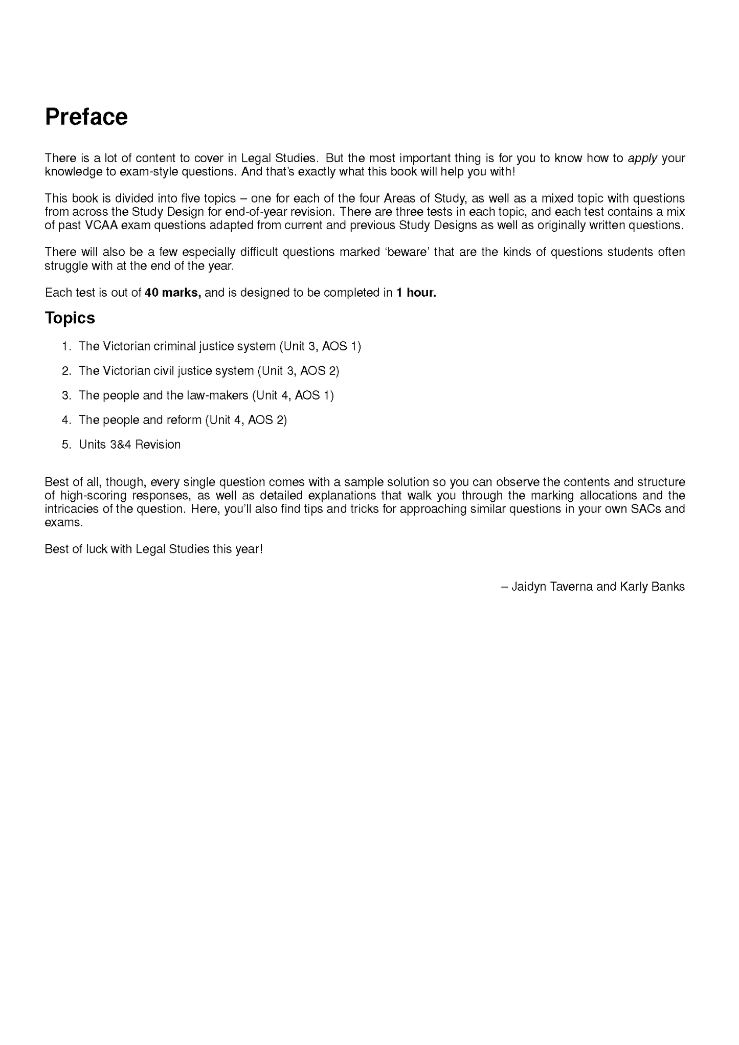 A printed page from VCE Legal Studies Units 3&4 Topic Tests by ATAR Notes, showing the preface and topic list.