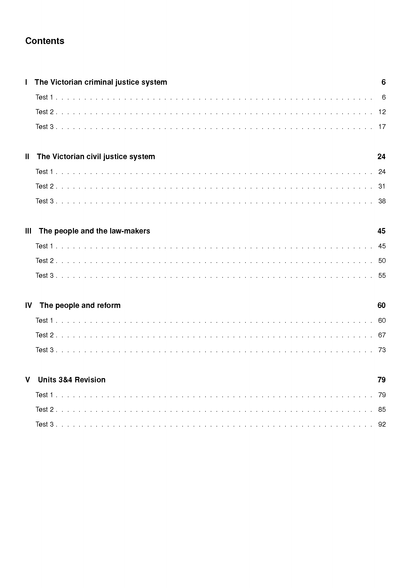 VCE Legal Studies Topic Tests contents page by ATAR Notes, listing sections and page numbers.