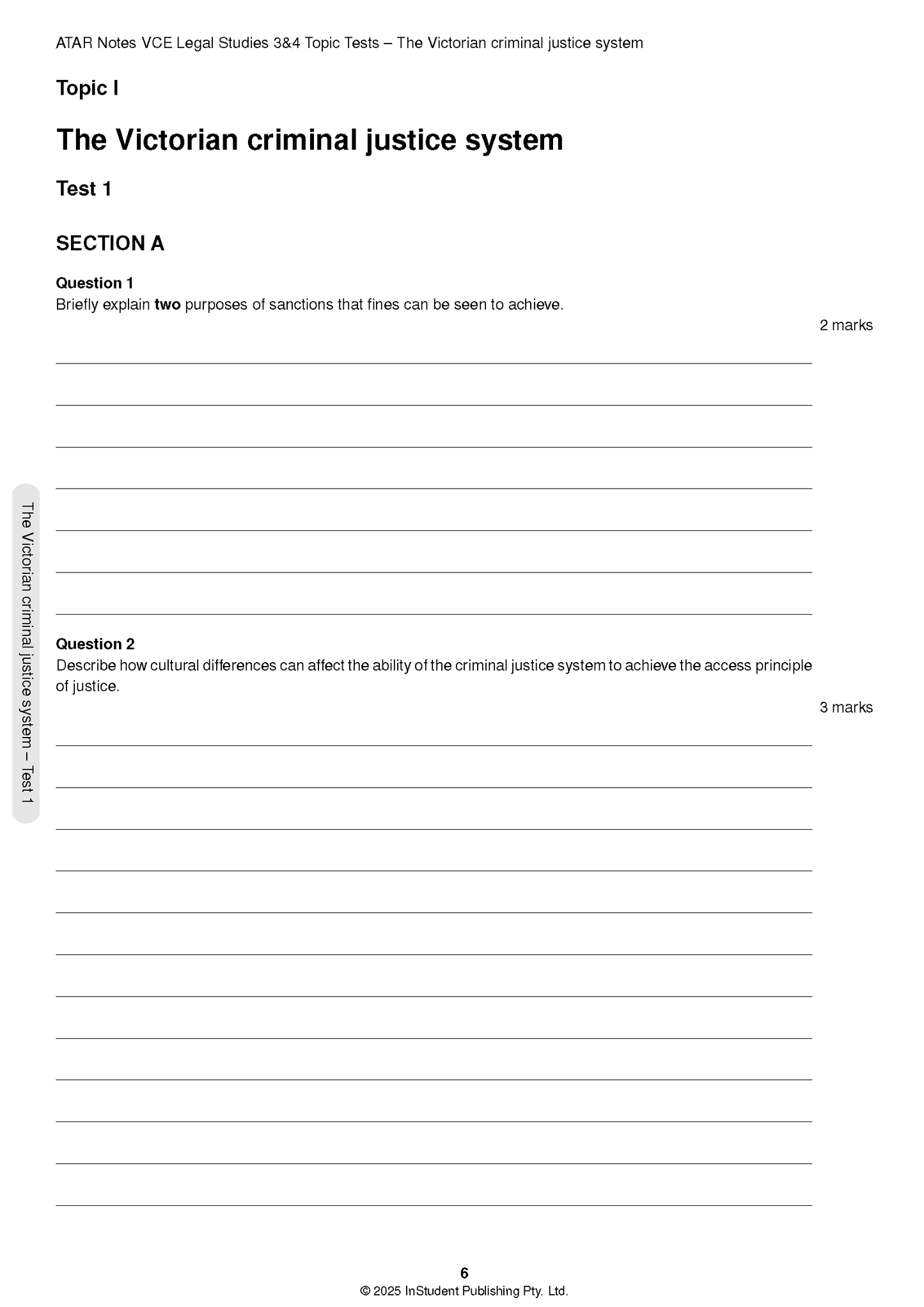 White VCE Legal Studies Units 3&4 Topic Test page from ATAR Notes, displaying questions on the Victorian criminal justice system with blank answer lines.