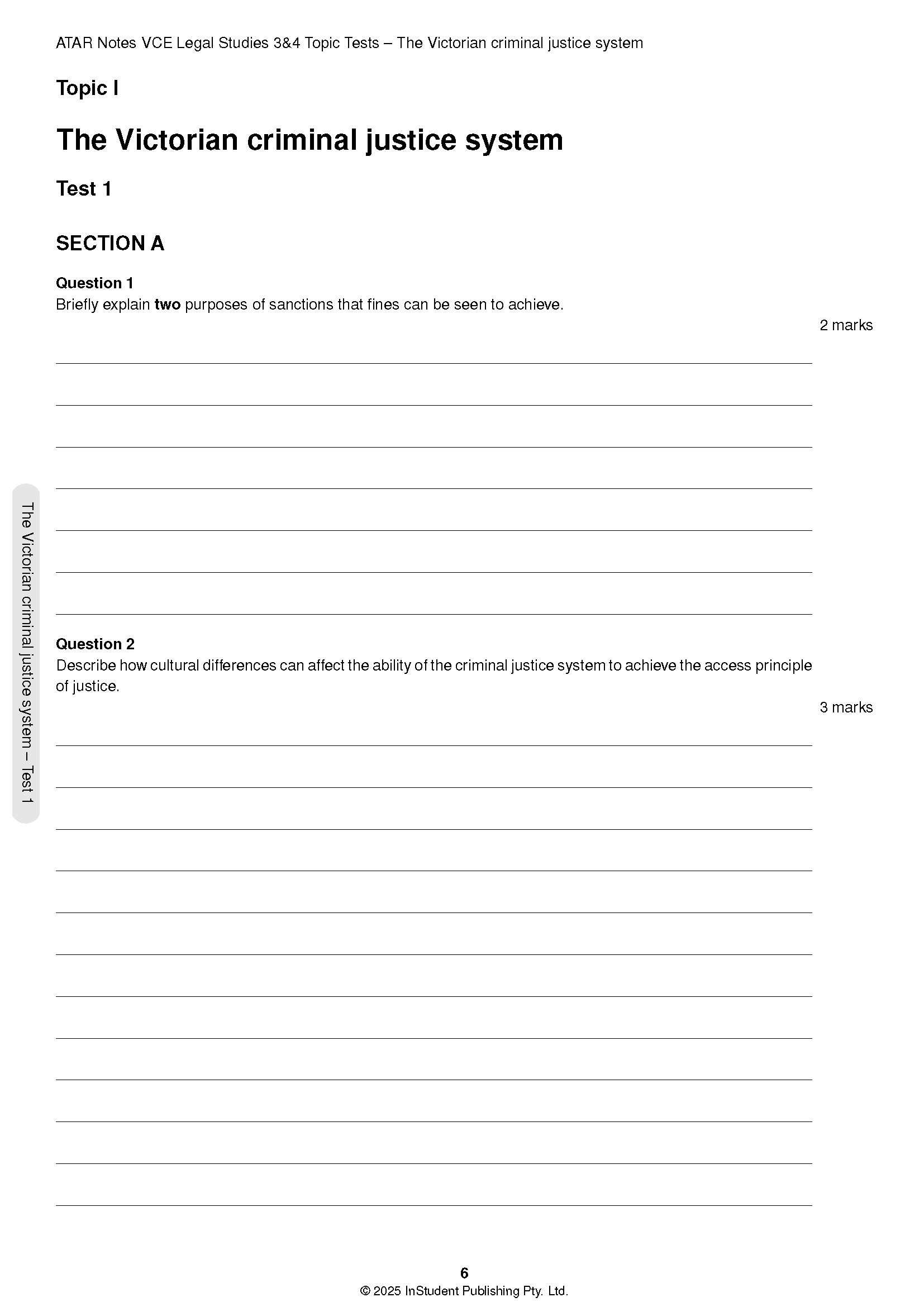 White VCE Legal Studies Units 3&4 Topic Test page from ATAR Notes, displaying questions on the Victorian criminal justice system with blank answer lines.