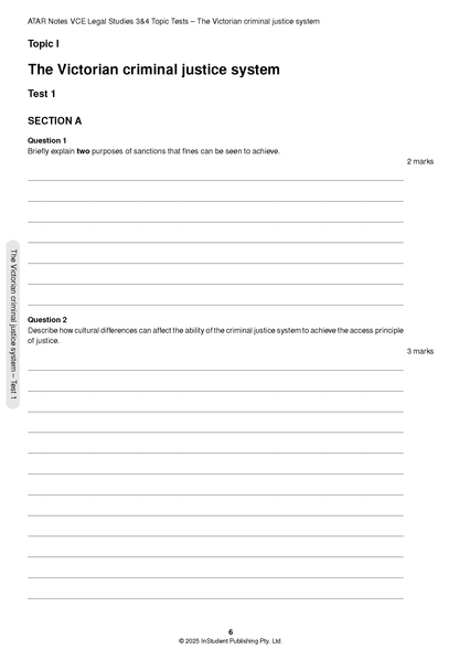 White VCE Legal Studies Units 3&4 Topic Test page from ATAR Notes, displaying questions on the Victorian criminal justice system with blank answer lines.