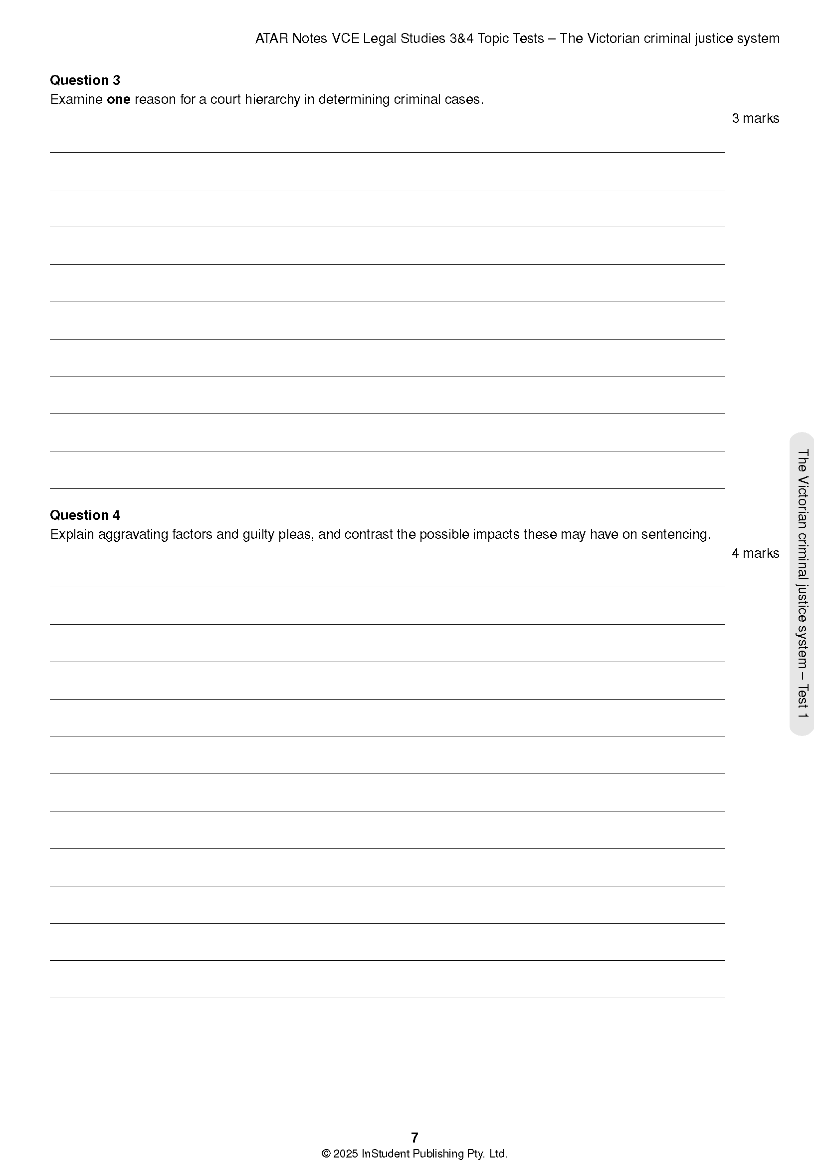 Topic Test page for VCE Legal Studies 3&4 by ATAR Notes, displaying questions on court hierarchy and sentencing.