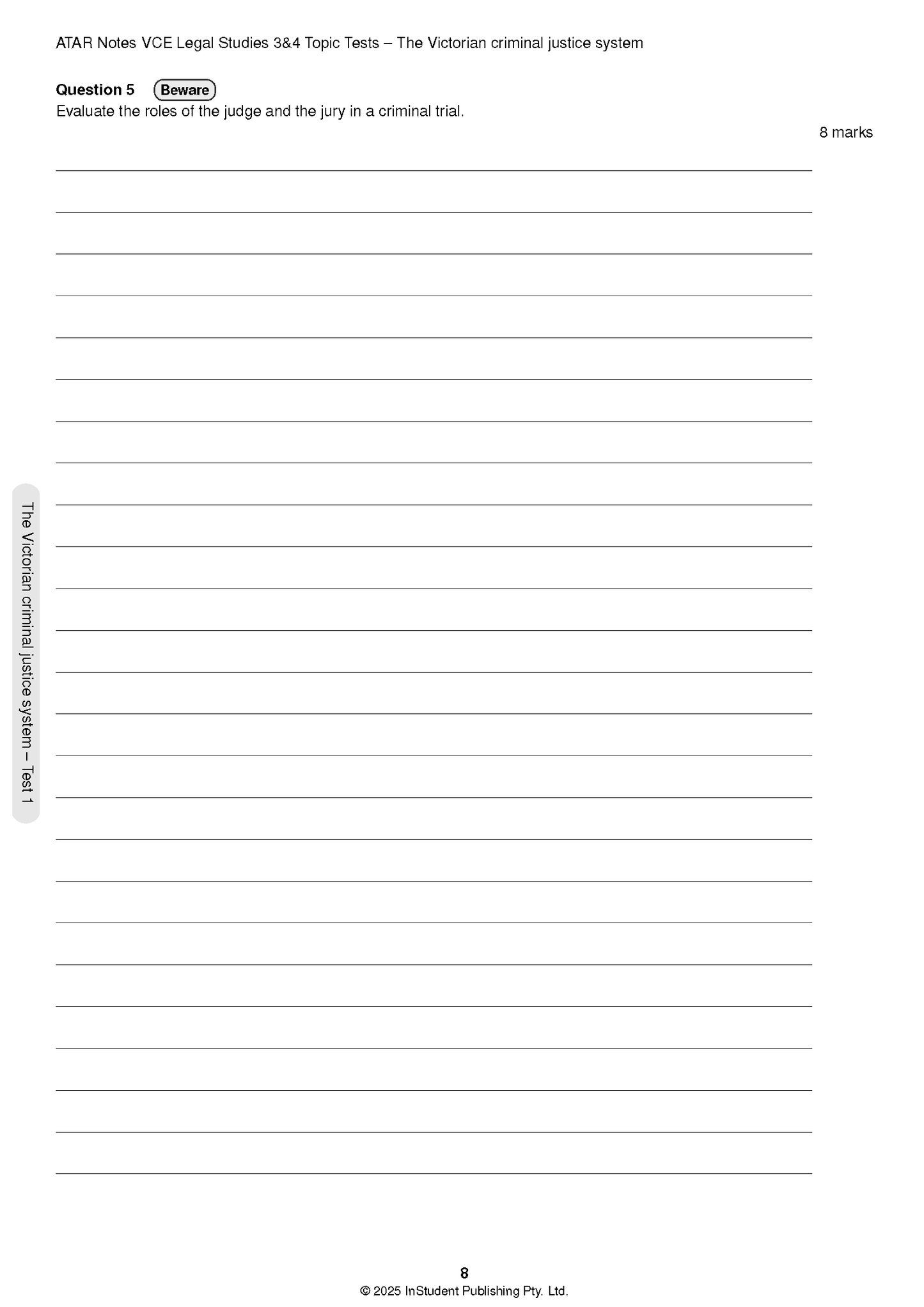 Topic Tests for VCE Legal Studies Units 3&4 by ATAR Notes, showing a test page with a question about judges and juries.