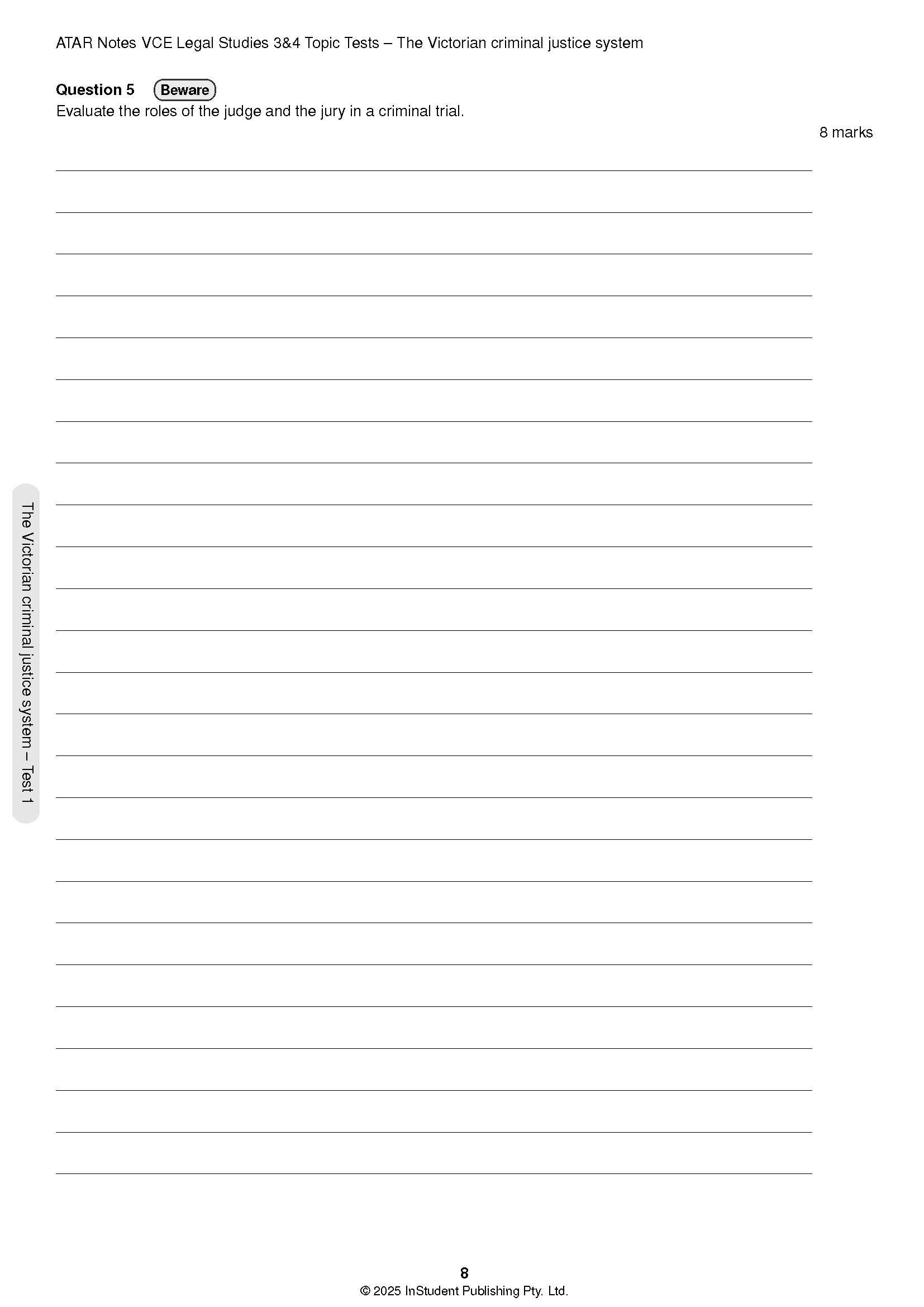 Topic Tests for VCE Legal Studies Units 3&4 by ATAR Notes, showing a test page with a question about judges and juries.