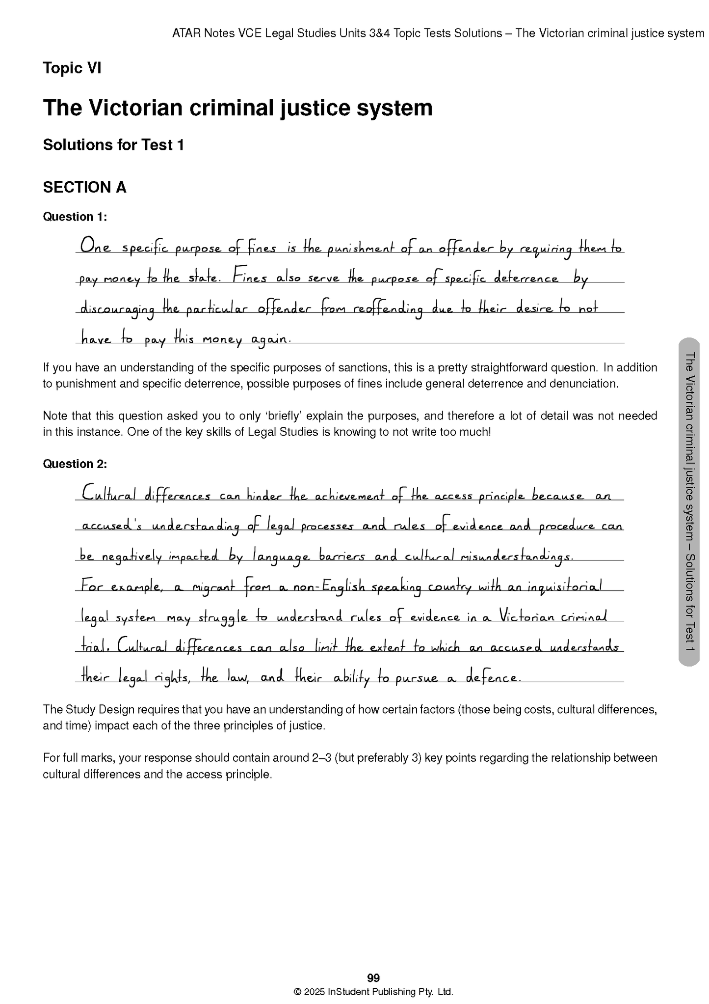 Legal Studies Topic Test Solutions page by ATAR Notes, showing handwritten answers for criminal justice questions.