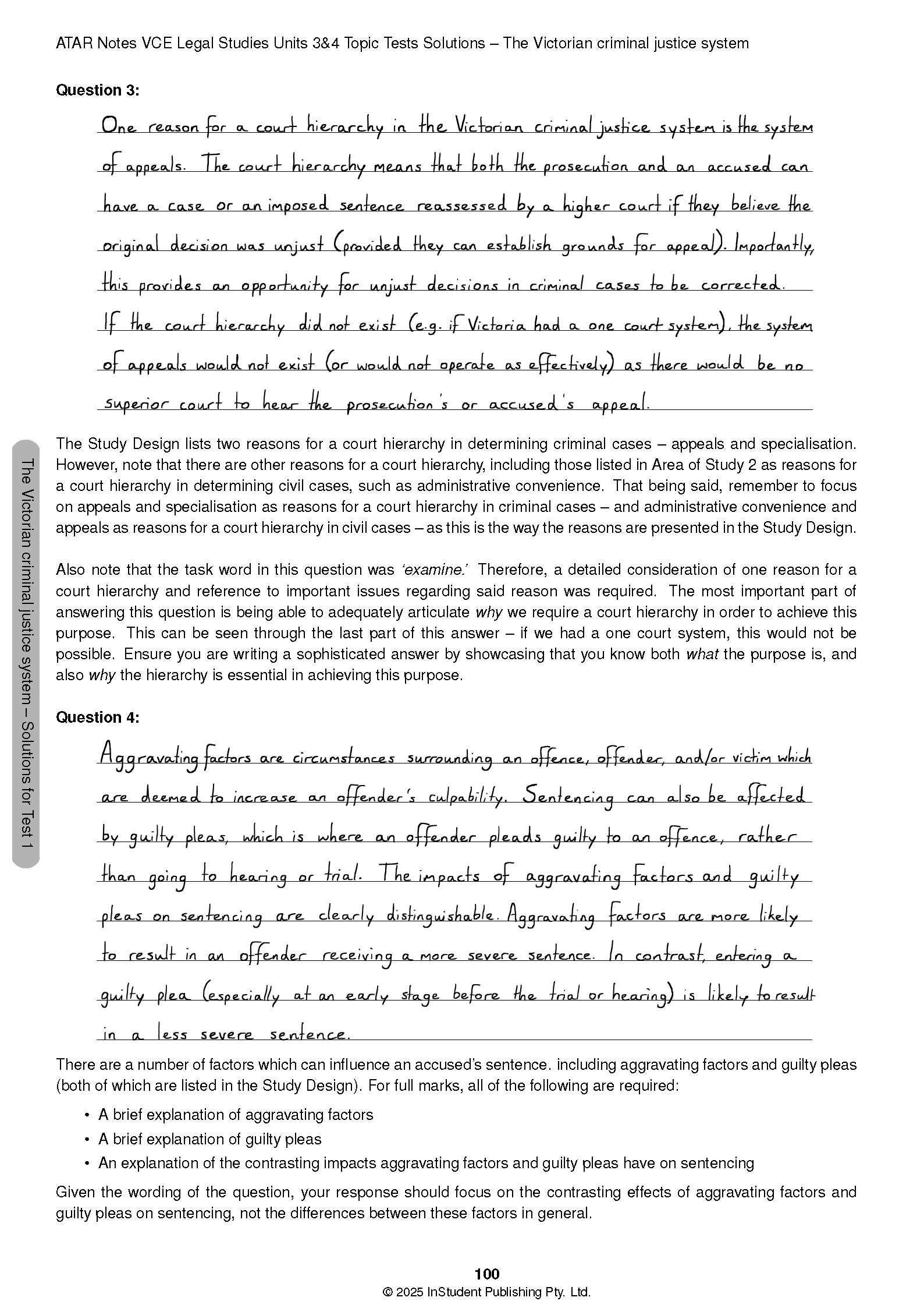 VCE Legal Studies Topic Tests by ATAR Notes, a white page displaying handwritten answers and printed explanations.