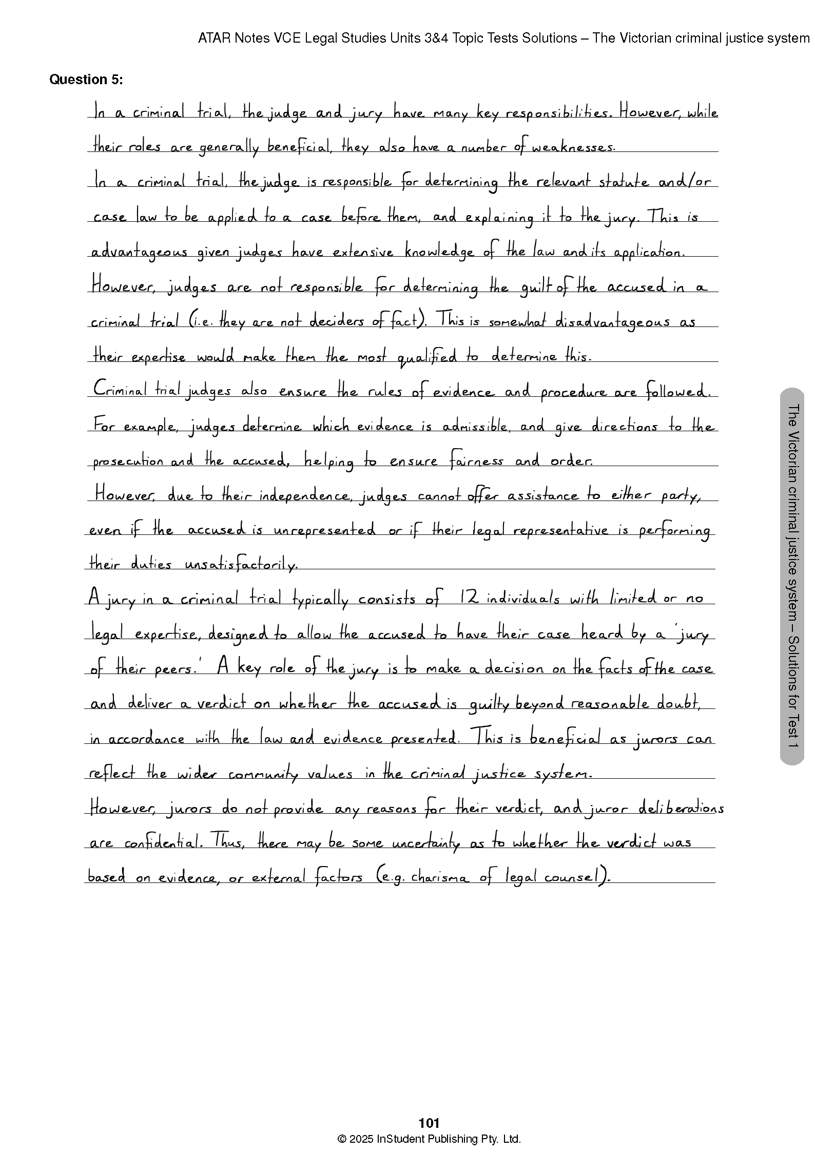 Legal Studies Topic Tests page by ATAR Notes, featuring handwritten solutions for Question 5 on the Victorian criminal justice system.