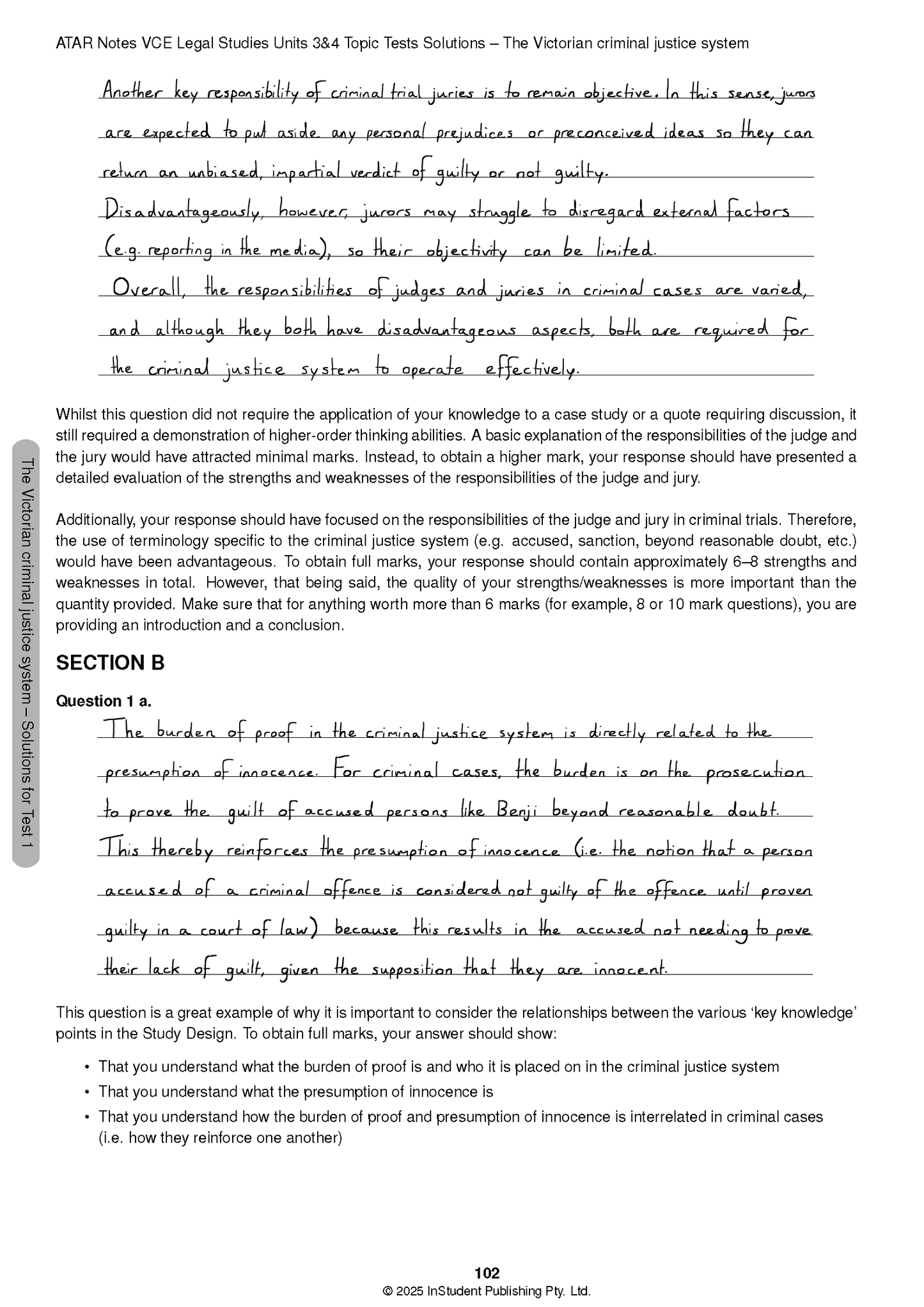 VCE Legal Studies Units 3&4 Topic Tests (2026-2028) by ATAR Notes, a printed page with handwritten notes on criminal justice.