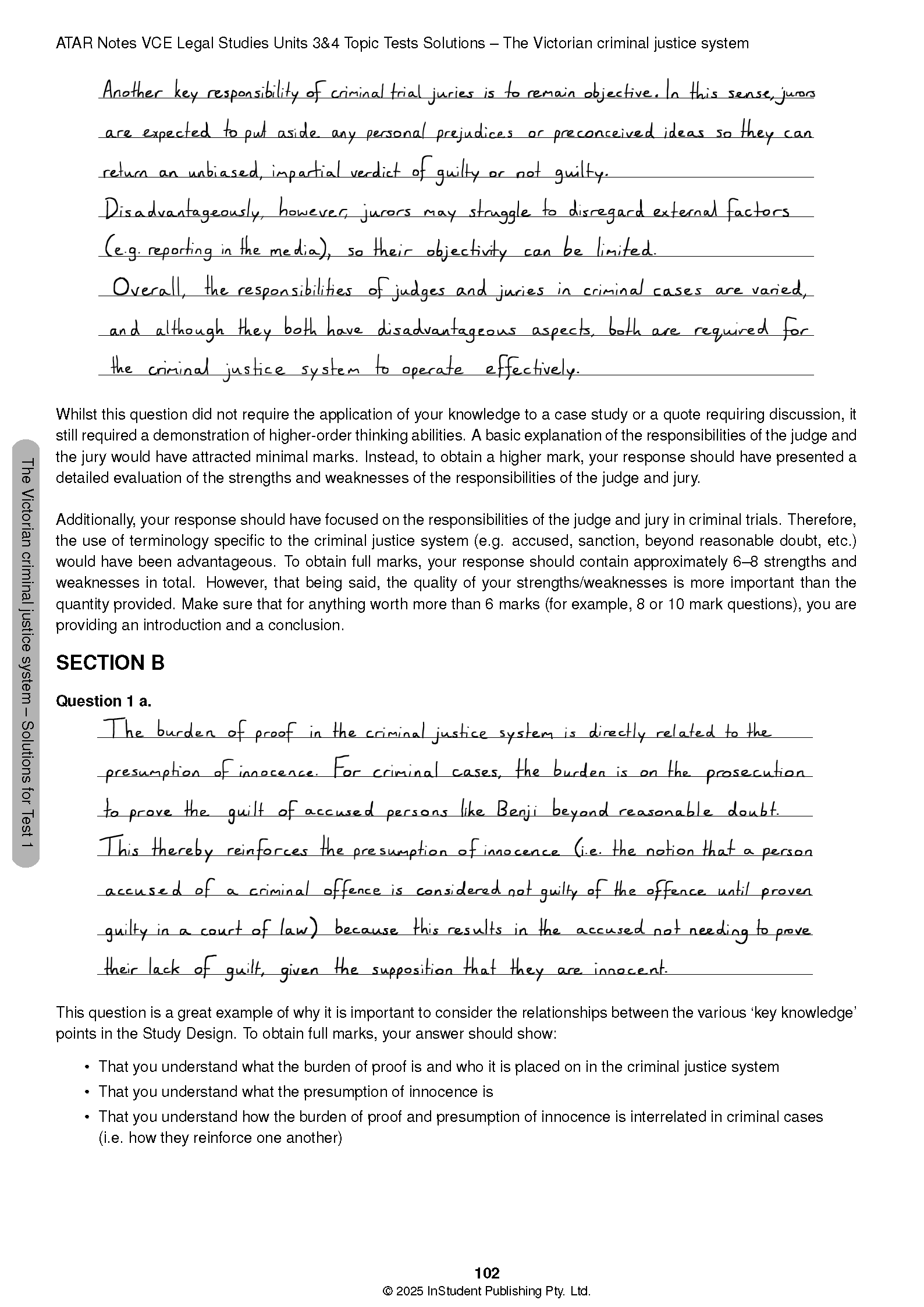 VCE Legal Studies Units 3&4 Topic Tests (2026-2028) by ATAR Notes, a printed page with handwritten notes on criminal justice.