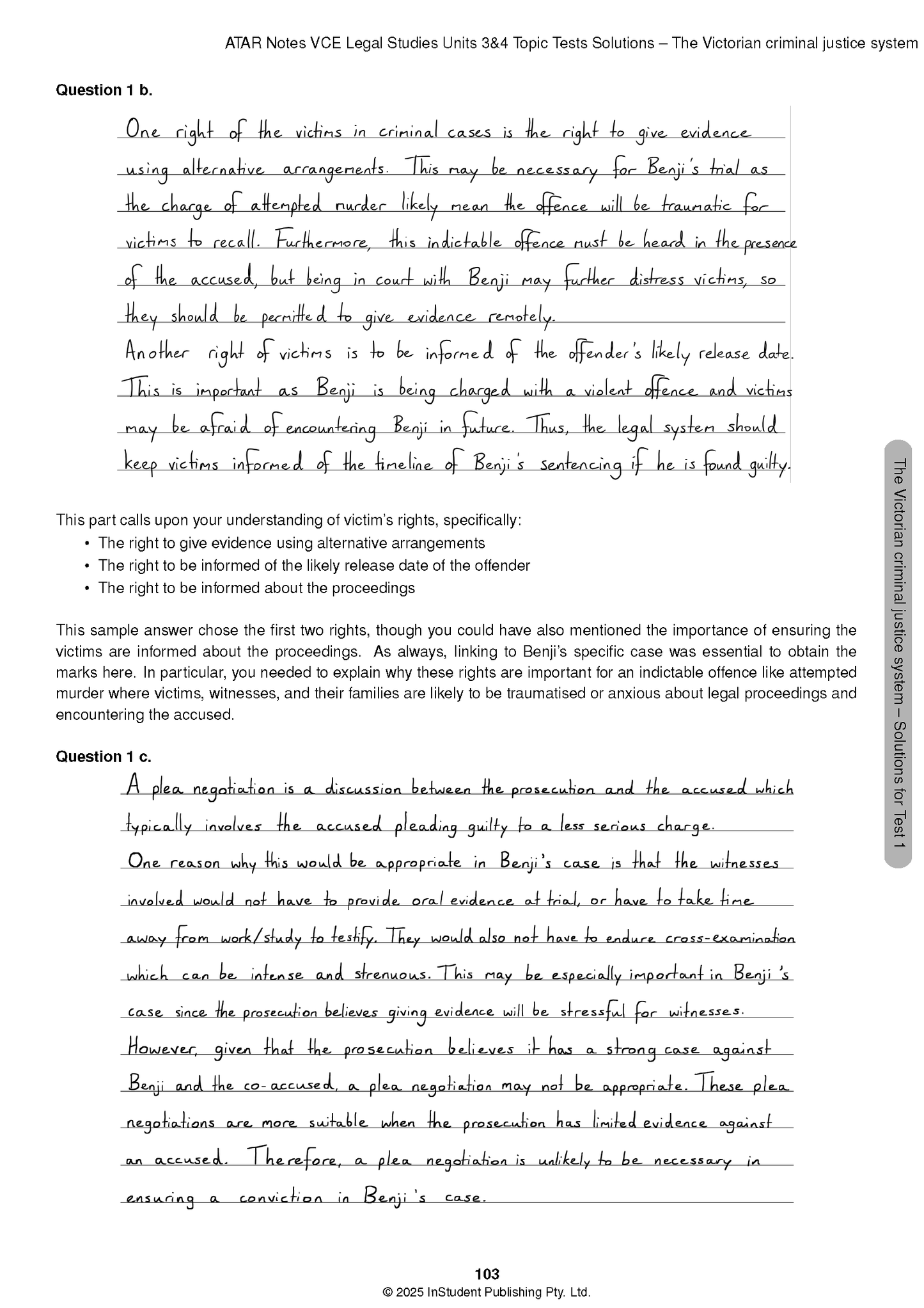 VCE Legal Studies Topic Test Solutions page by ATAR Notes, showing handwritten answers to questions 1b and 1c.