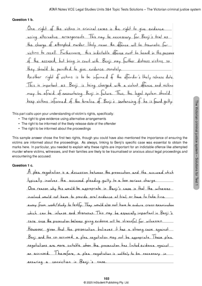 VCE Legal Studies Topic Test Solutions page by ATAR Notes, showing handwritten answers to questions 1b and 1c.