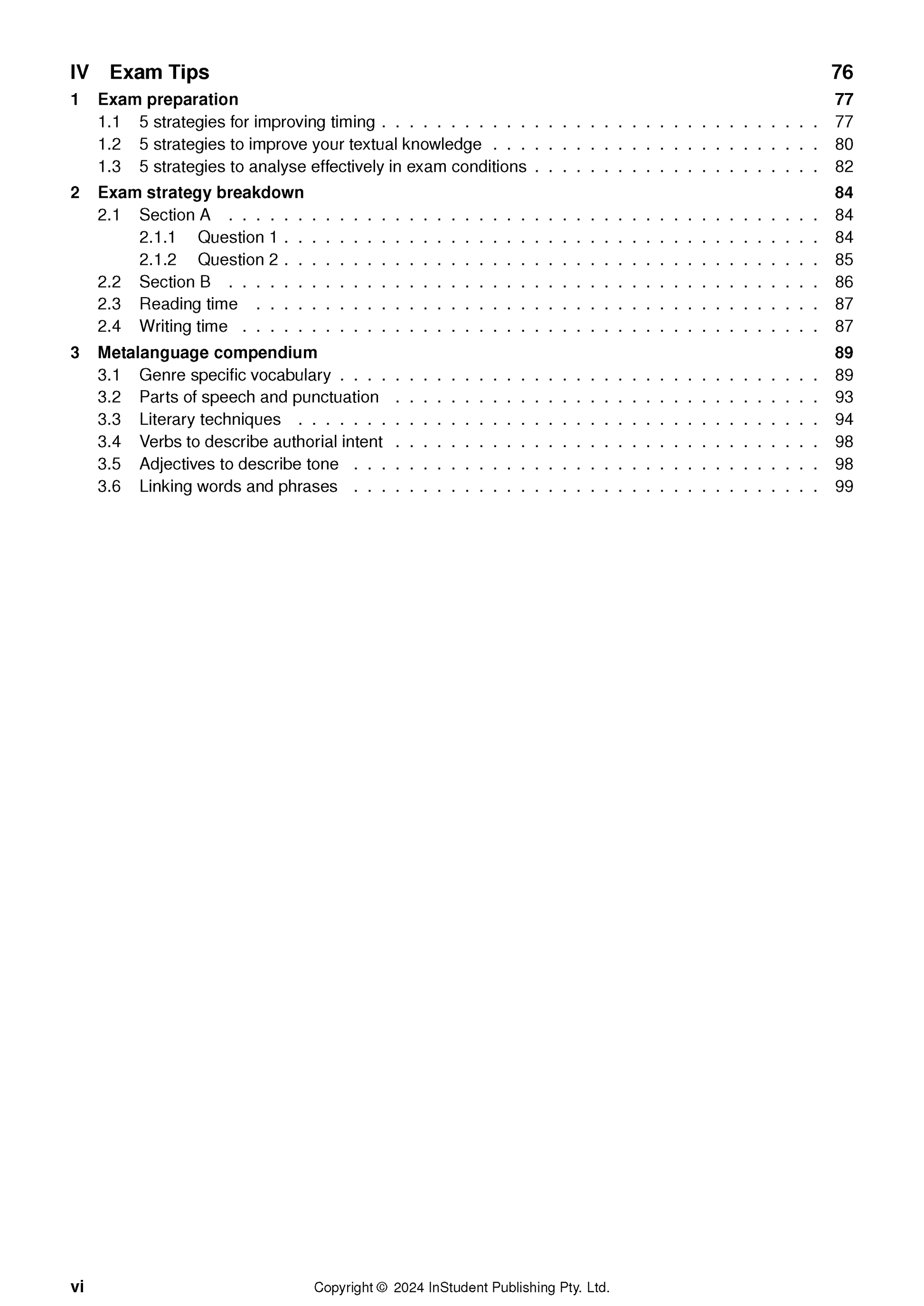 VCE Literature 3&4 Complete Course Notes by ATAR Notes, showing a table of contents page for exam tips, strategies, and language compendium, with a 2024 copyright.