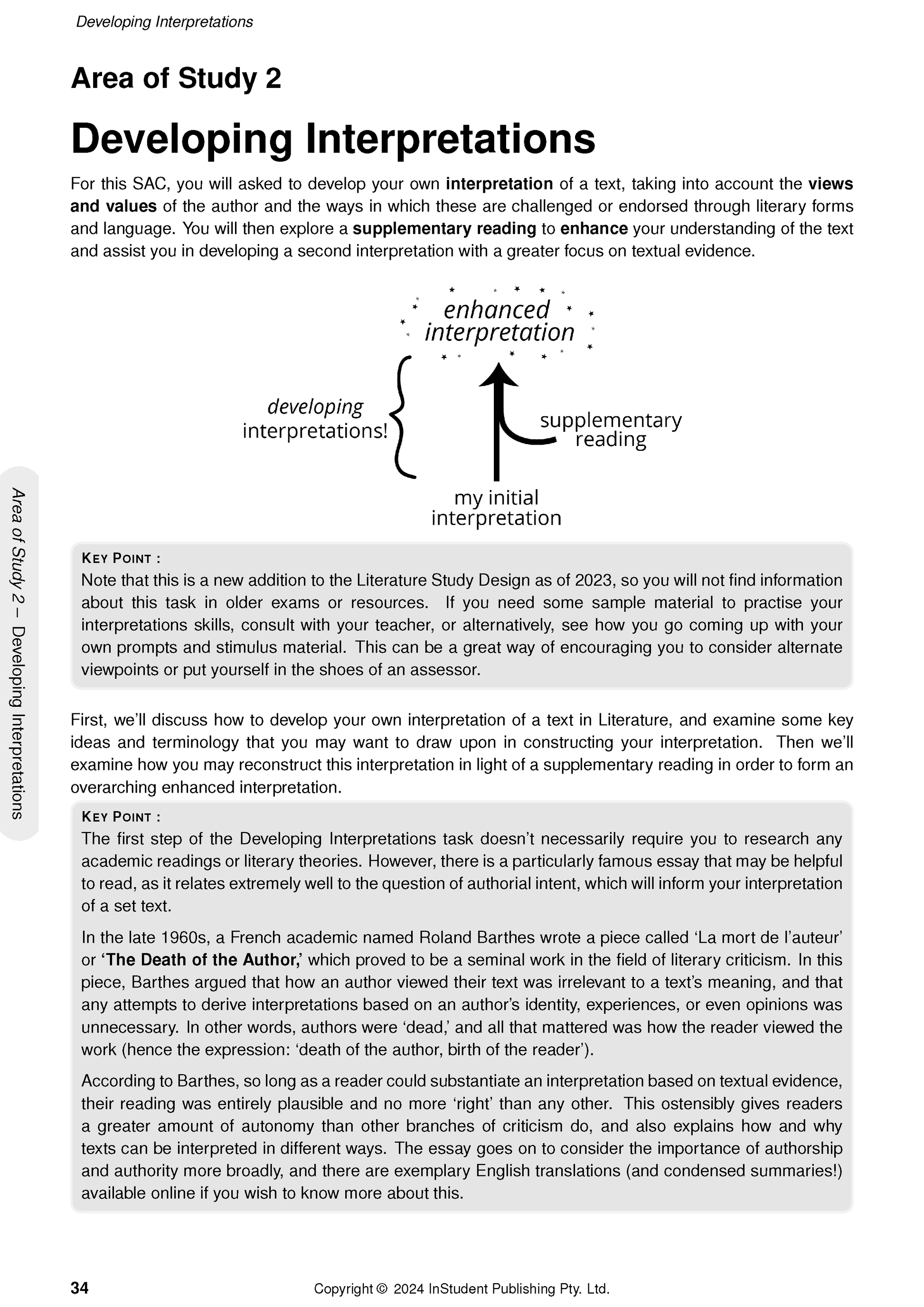 White course notes page by ATAR Notes, detailing 'Area of Study 2 Developing Interpretations' with a central diagram.