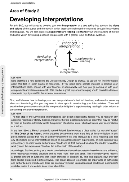 White course notes page by ATAR Notes, detailing 'Area of Study 2 Developing Interpretations' with a central diagram.
