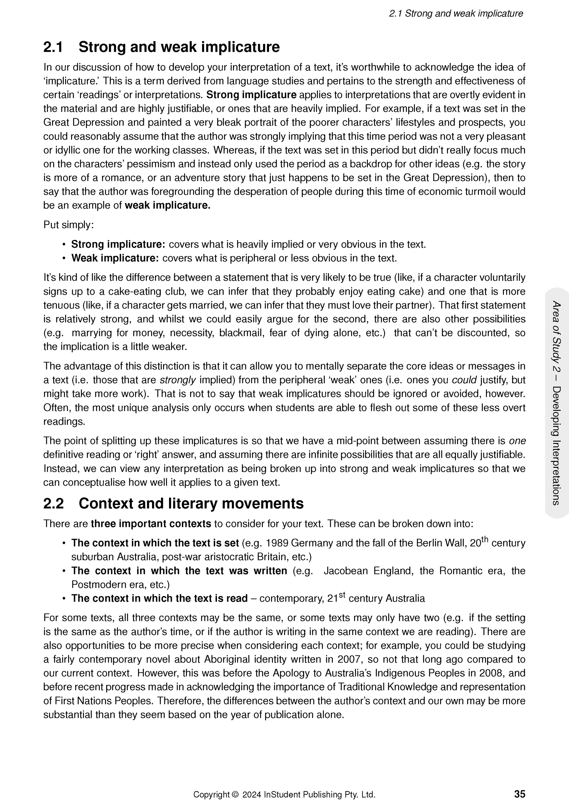 Course notes page by ATAR Notes, displaying text on 'strong and weak implicature' and 'context and literary movements', with page number 35.