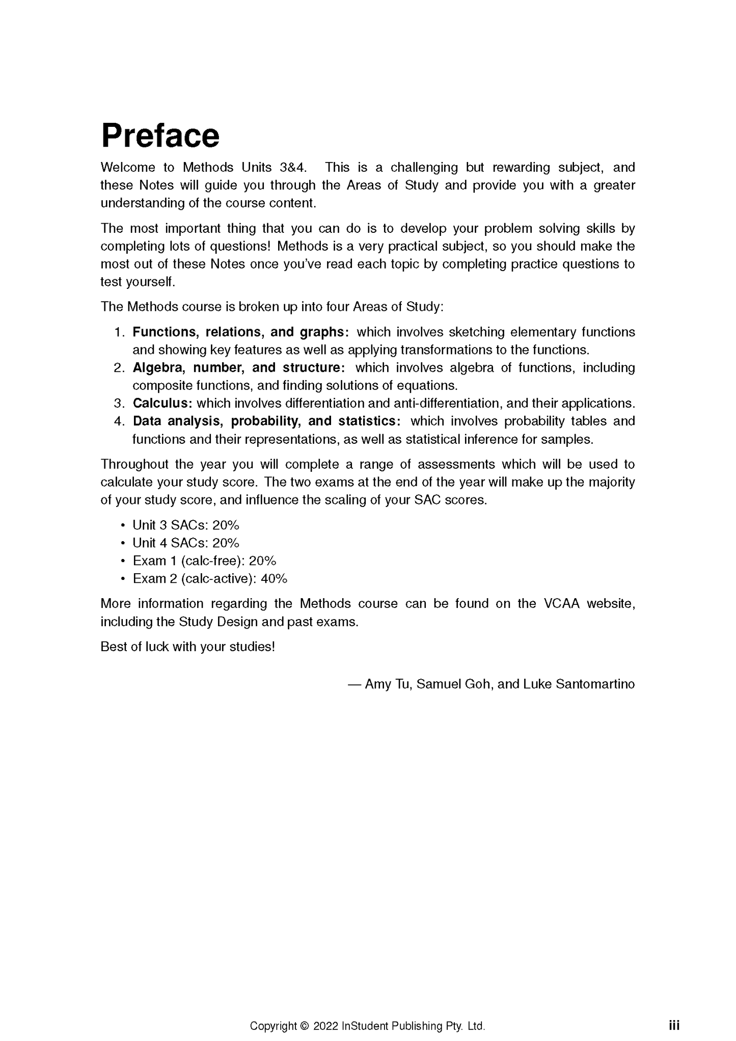VCE Maths Methods 3&4 Complete Course Notes by ATAR Notes, displaying the 'Preface' section with detailed text.