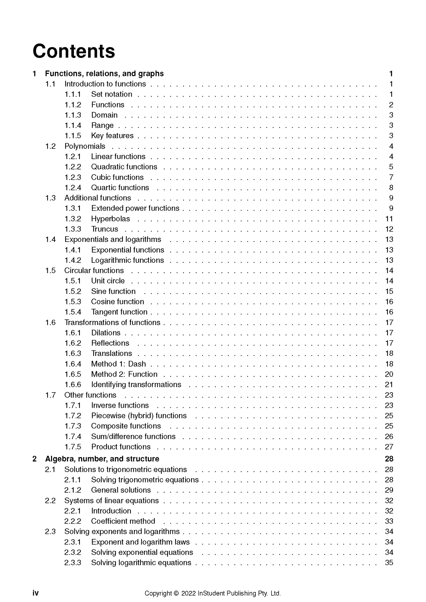 Maths Methods Course Notes by ATAR Notes, showing a detailed table of contents page with numbered sections.