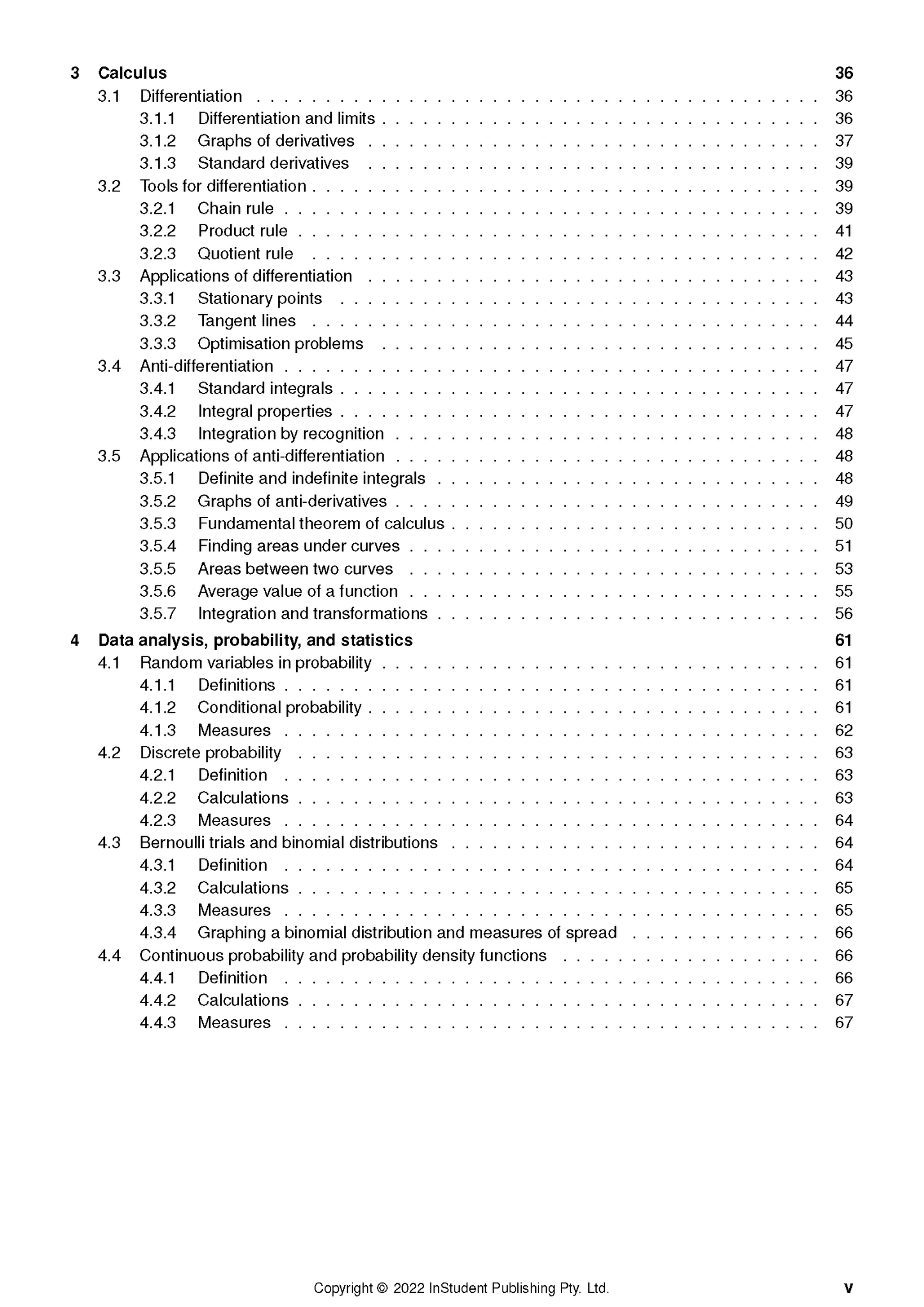 Table of contents from VCE Maths Methods course notes by ATAR Notes, detailing sections on Calculus and Data Analysis.