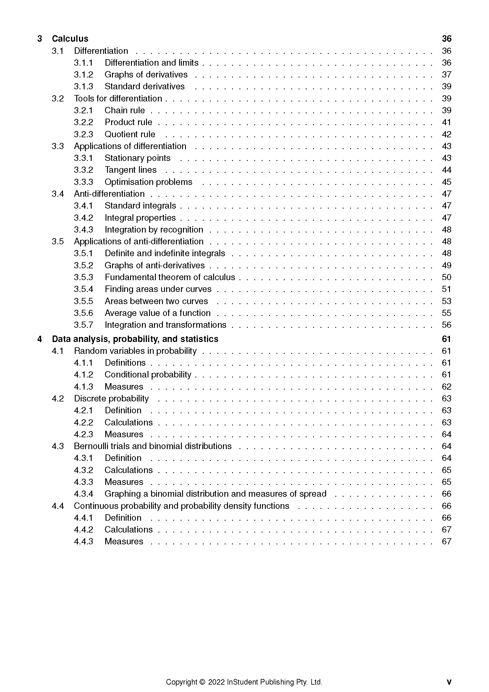 Table of contents from VCE Maths Methods course notes by ATAR Notes, detailing sections on Calculus and Data Analysis.