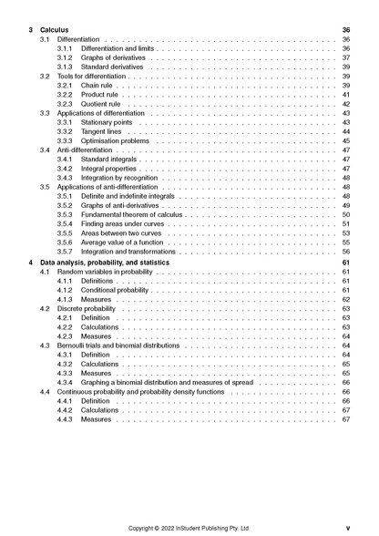Table of contents from VCE Maths Methods course notes by ATAR Notes, detailing sections on Calculus and Data Analysis.