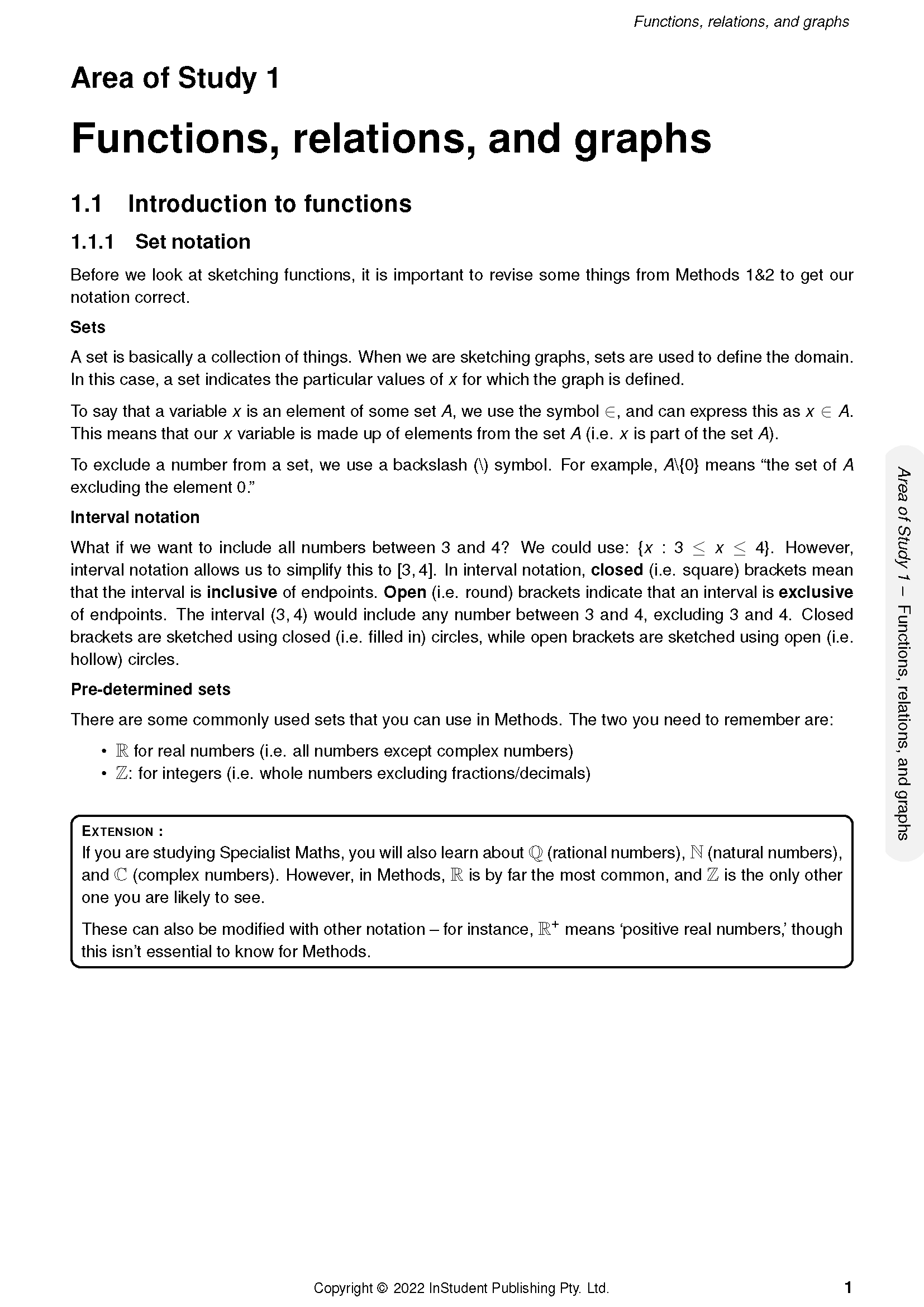 VCE Maths Methods course notes by ATAR Notes, showing definitions of sets, interval notation, and common number sets on a white page.