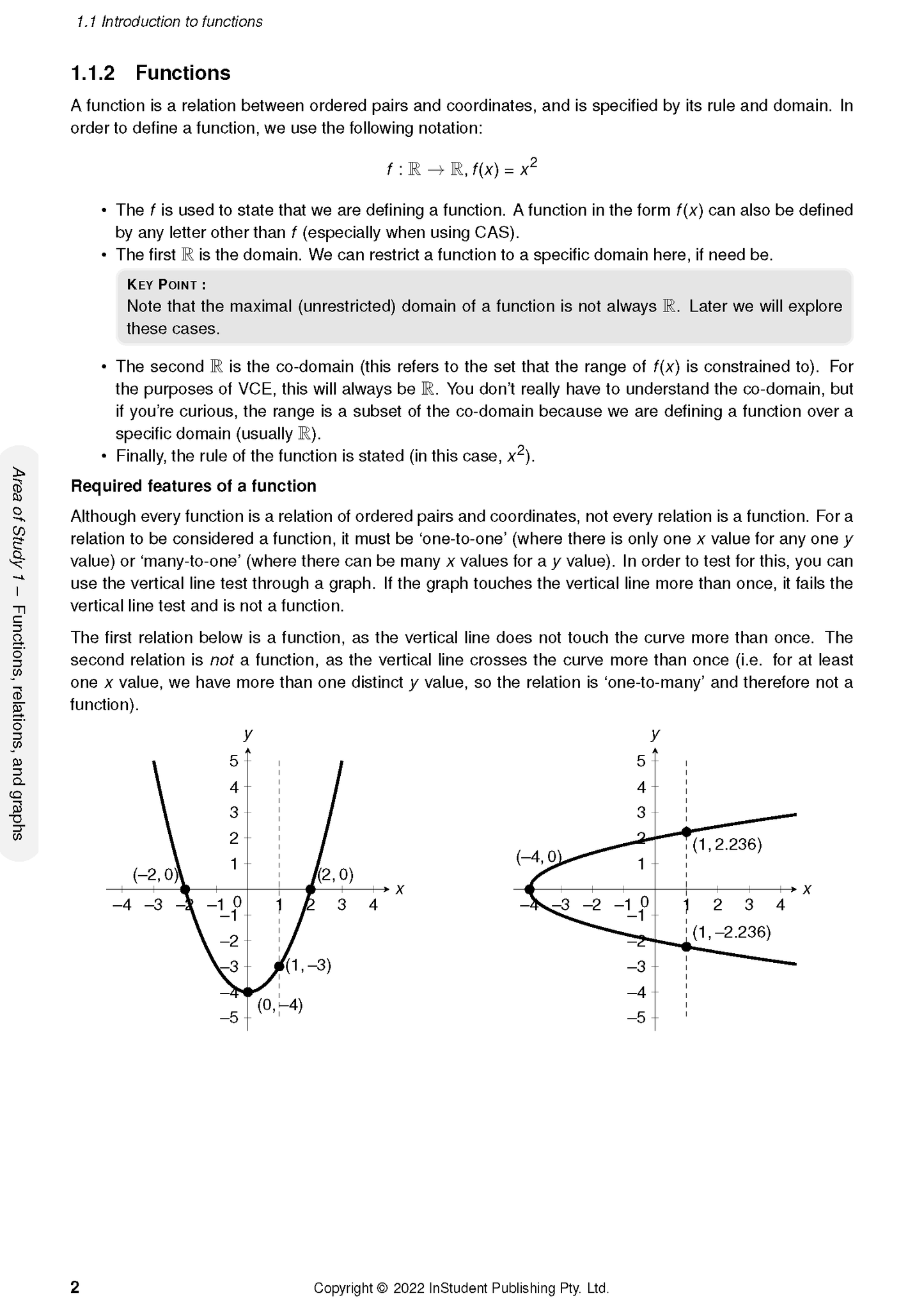 Course notes by ATAR Notes, displaying a page about functions with mathematical text and two graphs illustrating the vertical line test.