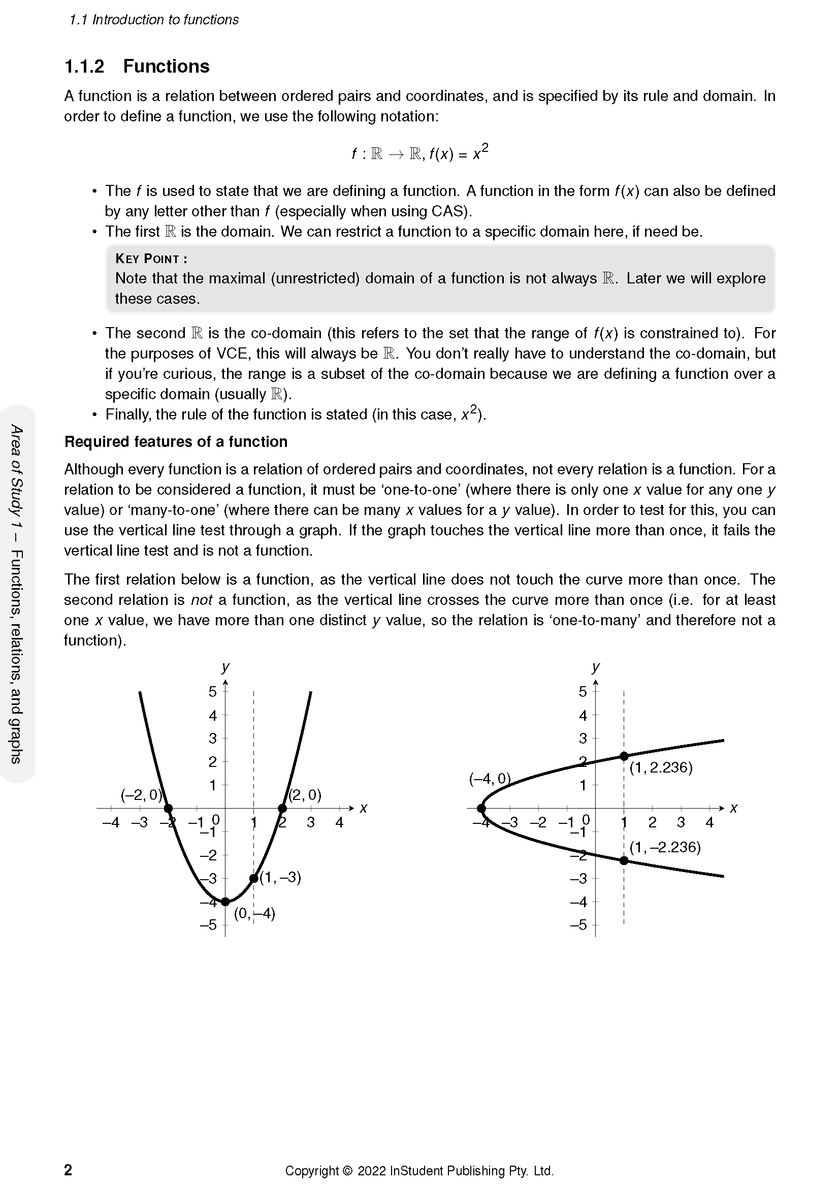 Course notes by ATAR Notes, displaying a page about functions with mathematical text and two graphs illustrating the vertical line test.