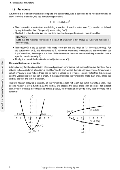 Course notes by ATAR Notes, displaying a page about functions with mathematical text and two graphs illustrating the vertical line test.