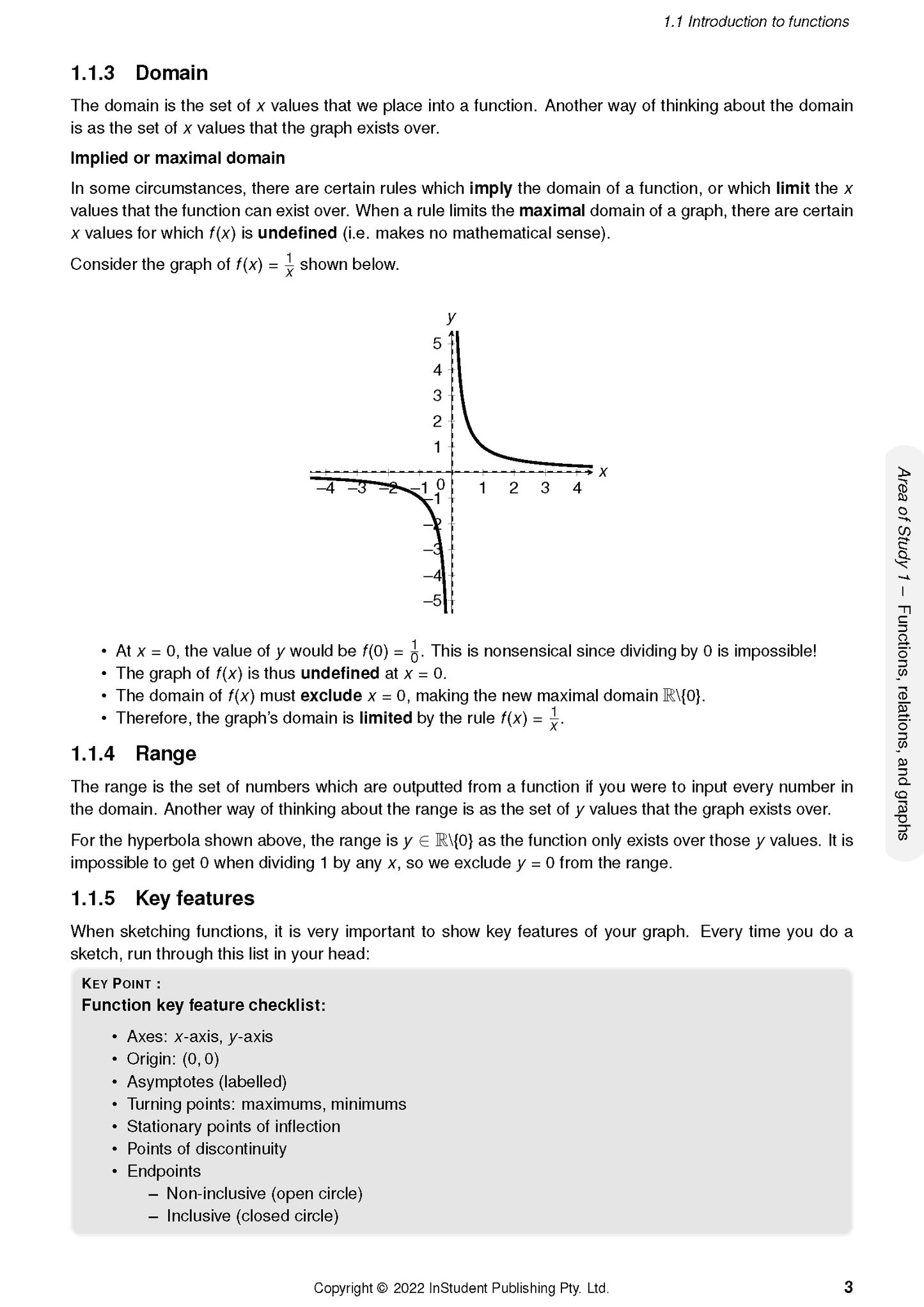 Maths Methods course notes by ATAR Notes, displaying a page with function definitions, a graph, and a key features checklist.