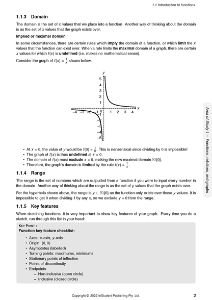 Maths Methods course notes by ATAR Notes, displaying a page with function definitions, a graph, and a key features checklist.