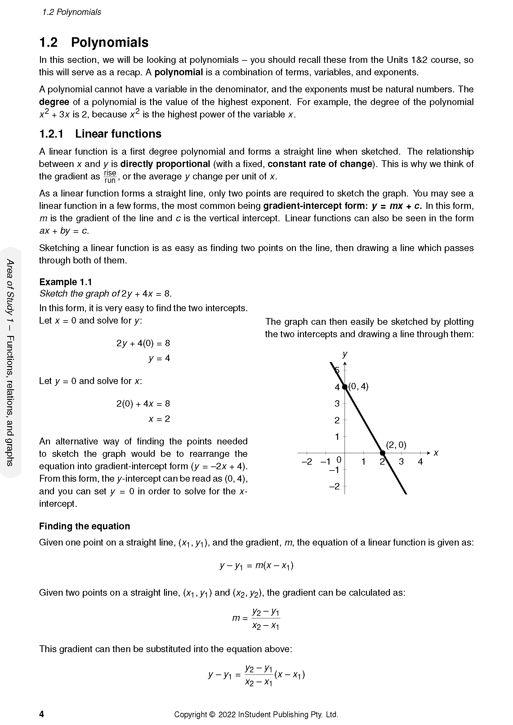 A page of Course Notes by ATAR Notes detailing polynomial and linear functions with text, equations, and a graph.