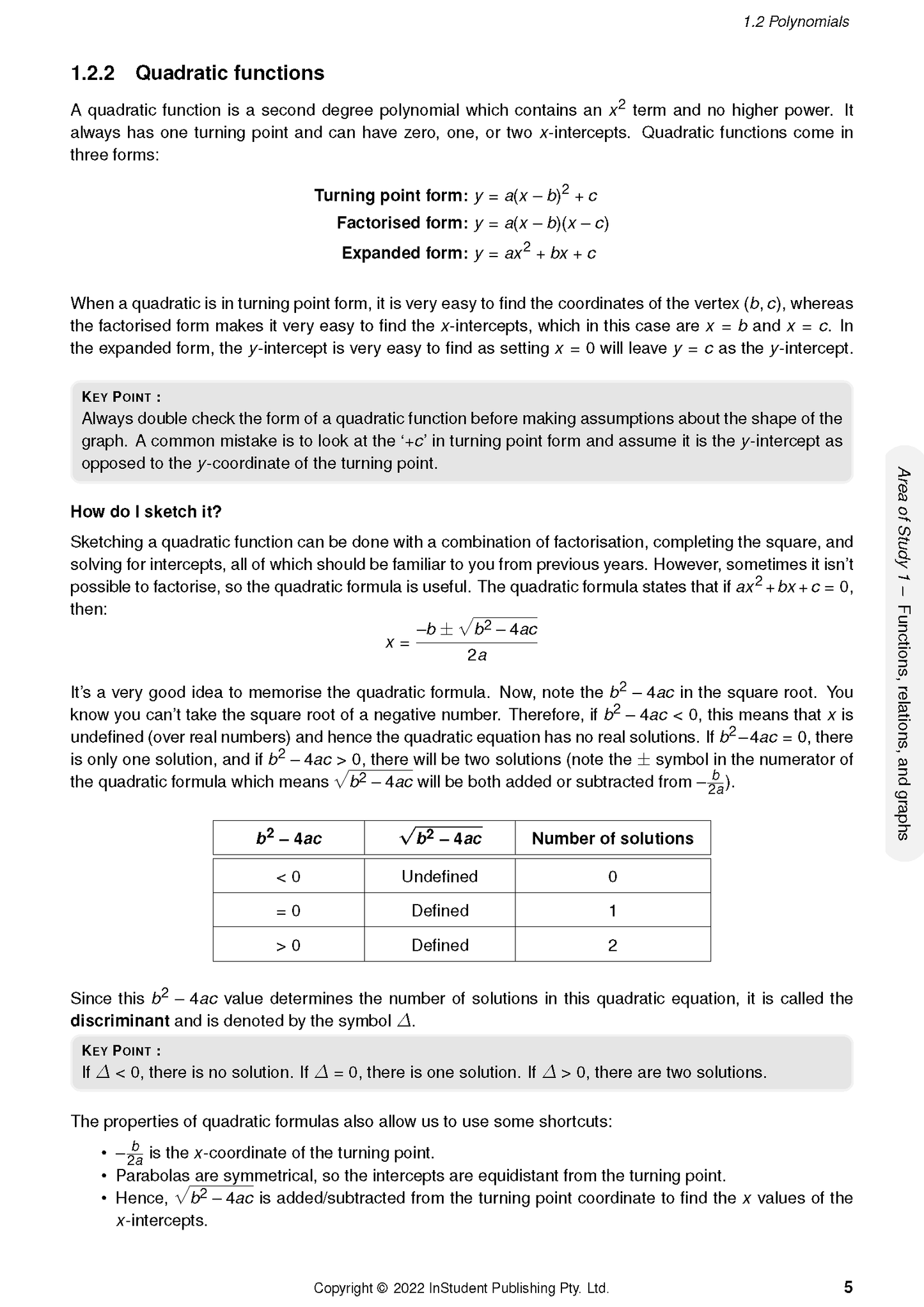 Course notes on quadratic functions by ATAR Notes, featuring formulas, a table, and definitions.