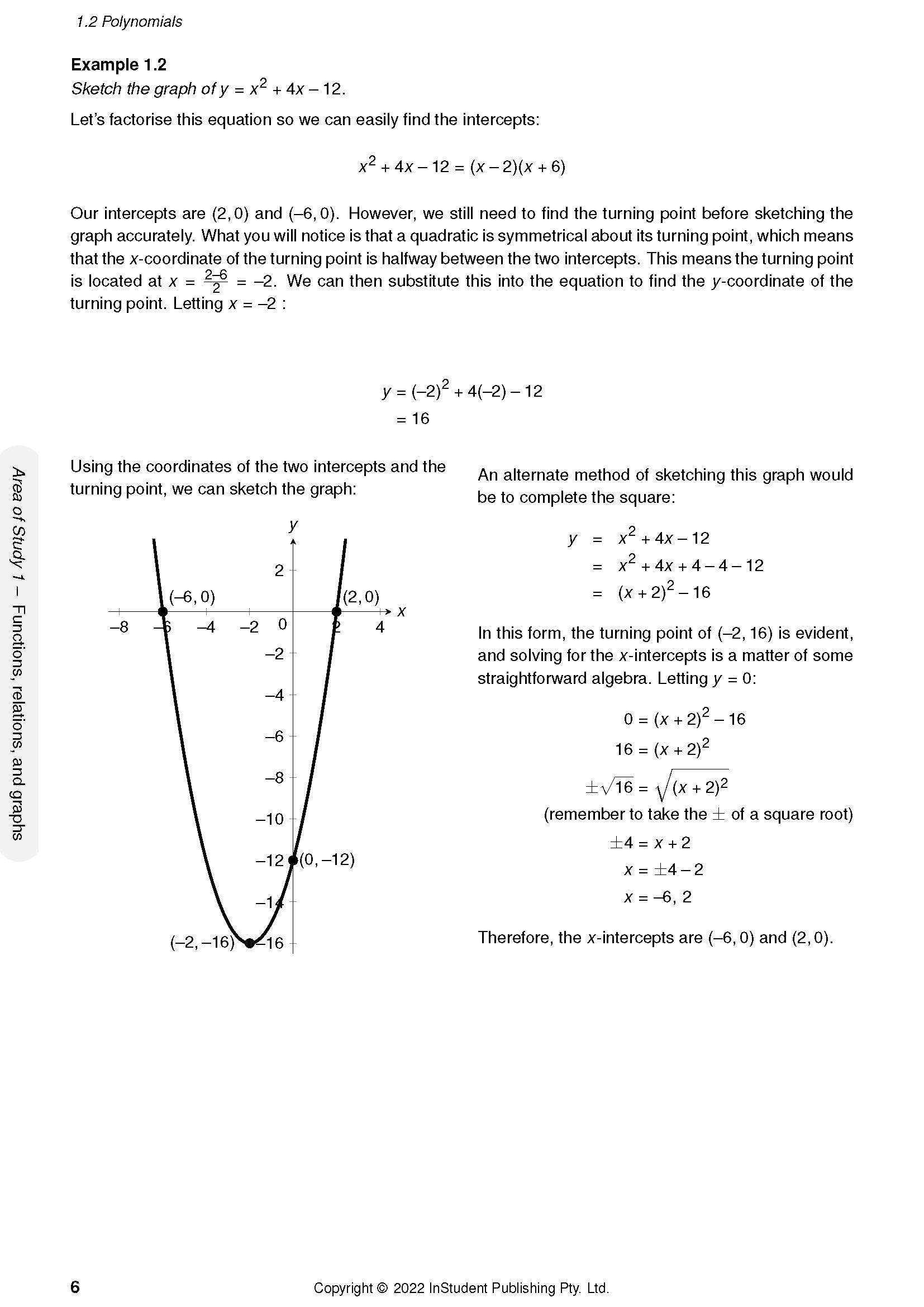 Course Notes page by ATAR Notes showing an example of polynomials, with a quadratic equation and its graph.
